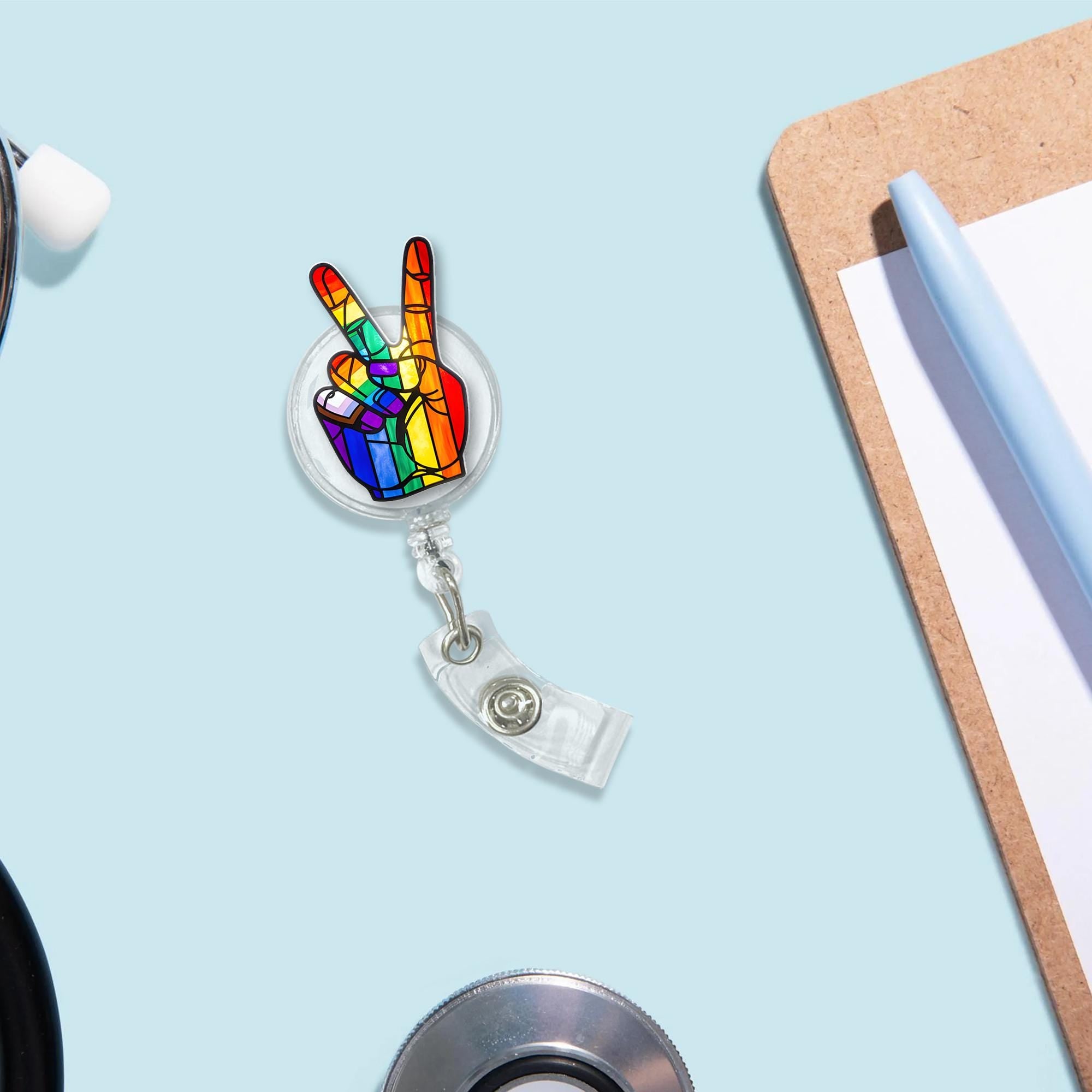 Rainbow Peace Badge Reel, LGBTQ ID Holder, Pride Hand Clip, Colorful Nurse Badge, Queer Accessory, Fun Gift for Coworker