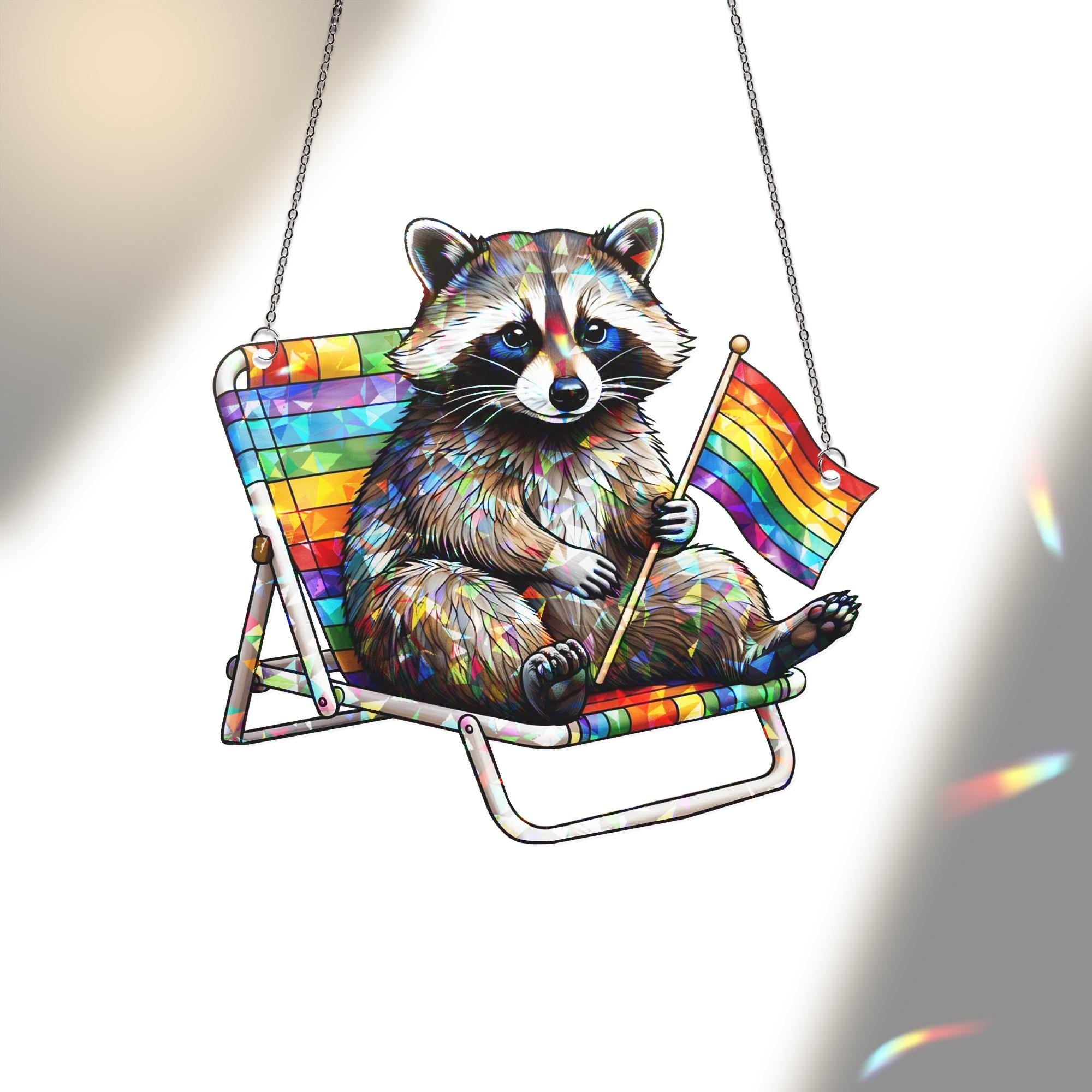LGBT Pride Raccoon Acrylic Window Hanging – Rainbow Chair Suncatcher, Cute Summer LGBTQ+ Decor, Colorful Window Art Gift