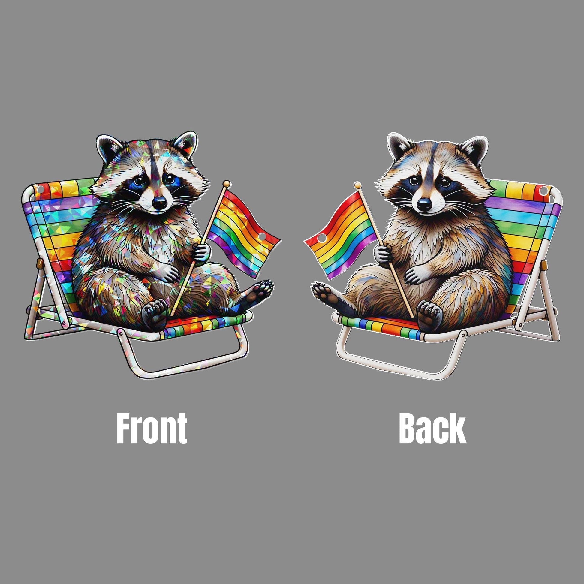 LGBT Pride Raccoon Acrylic Window Hanging – Rainbow Chair Suncatcher, Cute Summer LGBTQ+ Decor, Colorful Window Art Gift