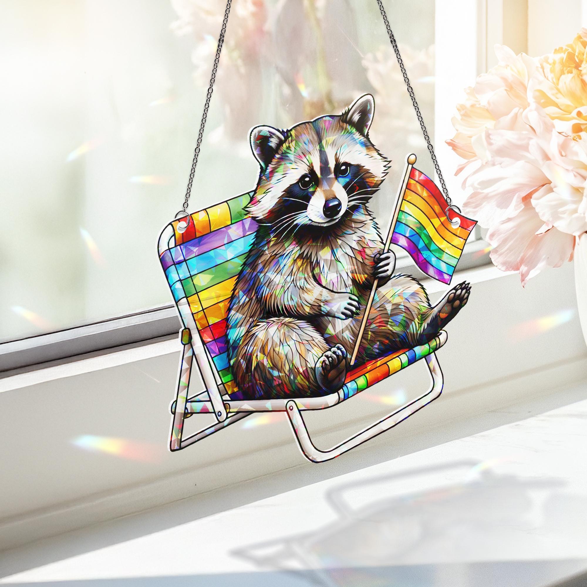 LGBT Pride Raccoon Acrylic Window Hanging – Rainbow Chair Suncatcher, Cute Summer LGBTQ+ Decor, Colorful Window Art Gift