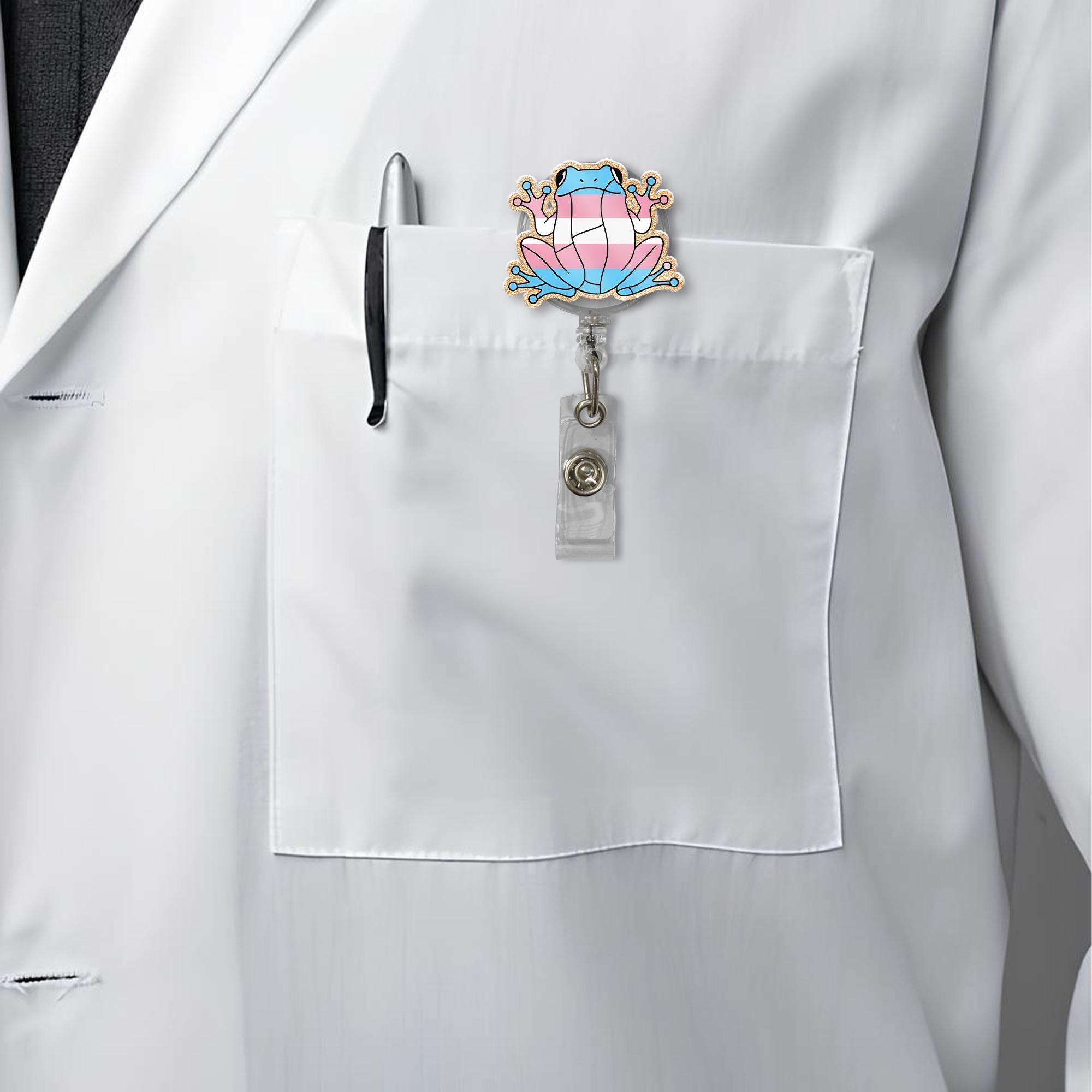Trans Frog Badge Reel, Retractable ID Holder, Cute Pride Nurse Badge, LGBTQ+ Lanyard Accessory, Gender Affirming Gift