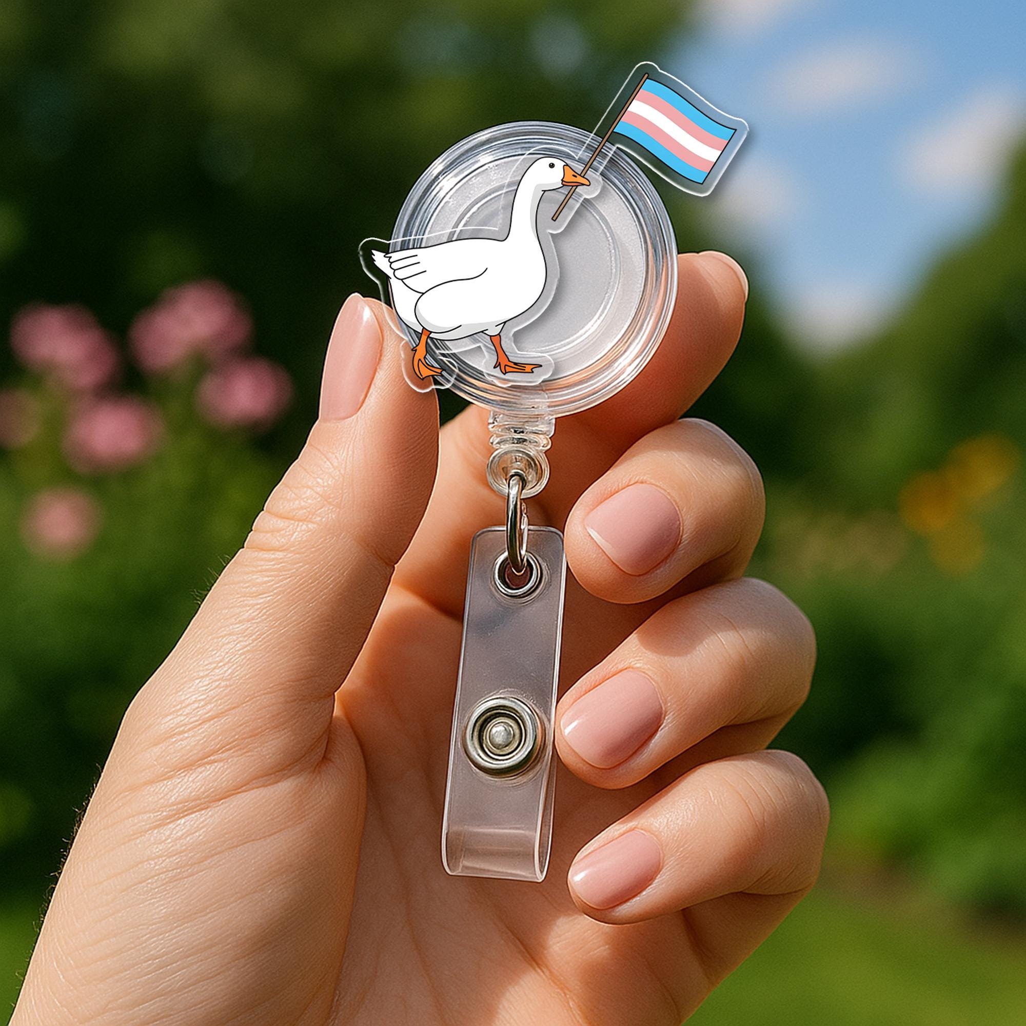 Funny Trans Pride Goose Badge Reel – Cute LGBTQ+ ID Holder, Transgender Flag Clip, Inclusive Nurse Accessory, Office Gift, Goose Accessory