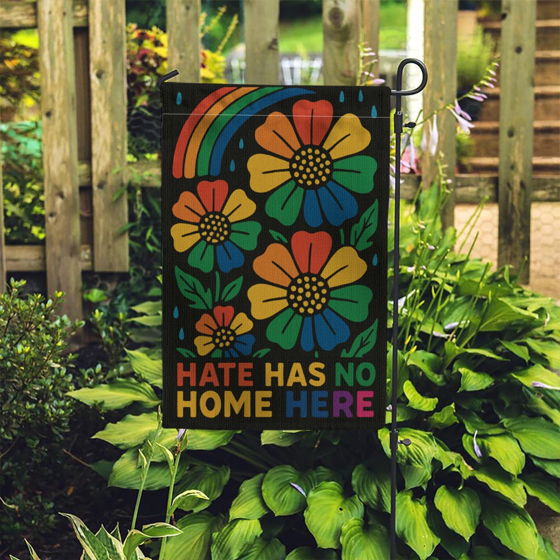 Hate Has No Home Here Garden Flag | Rainbow Floral Inclusive Yard Banner | LGBTQ+ Pride Outdoor Decor | Kindness Porch Sign