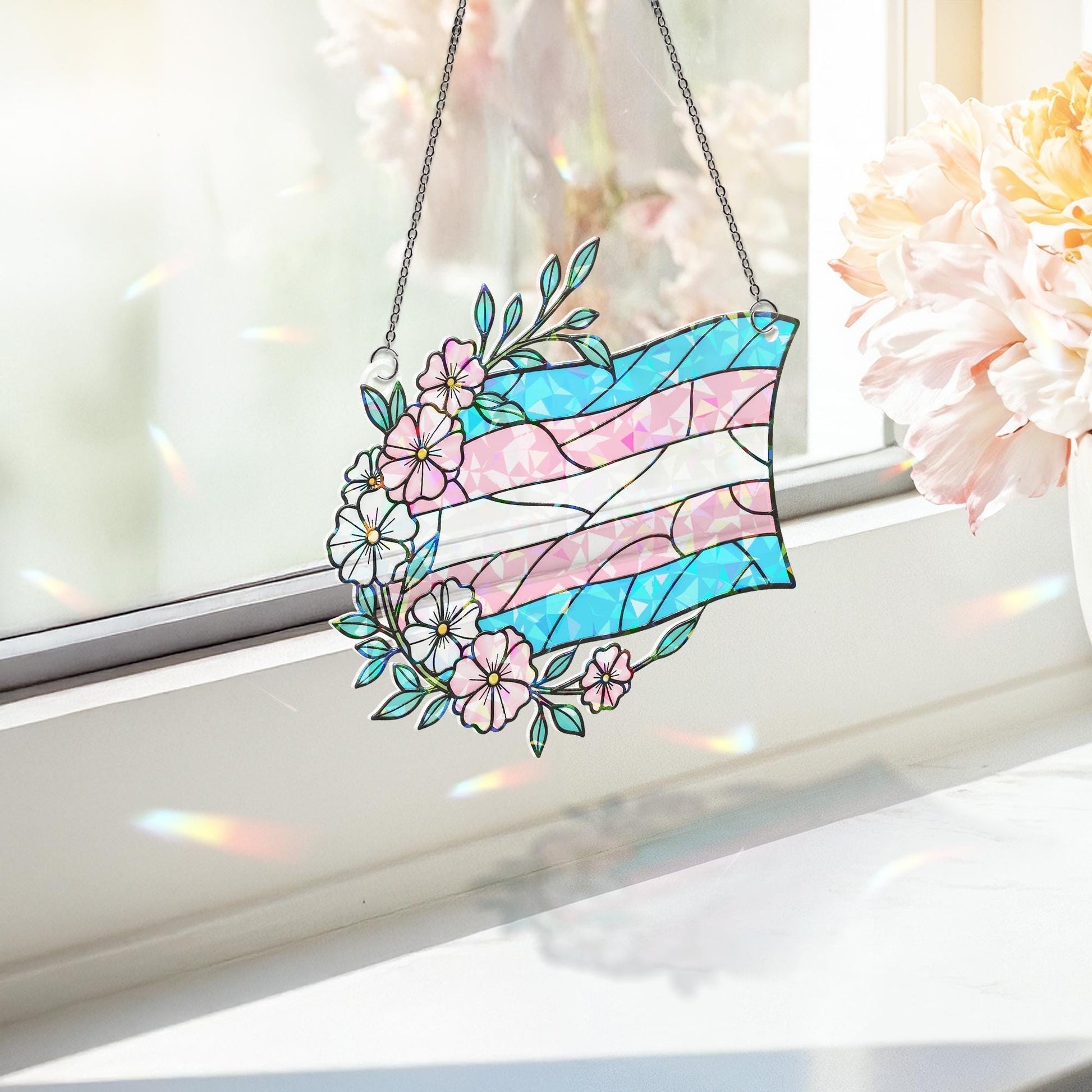 Trans Pride Acrylic Window Hanging – Floral Transgender Flag Suncatcher, LGBTQ+ Window Decor, Inclusive Pride Gift for Home