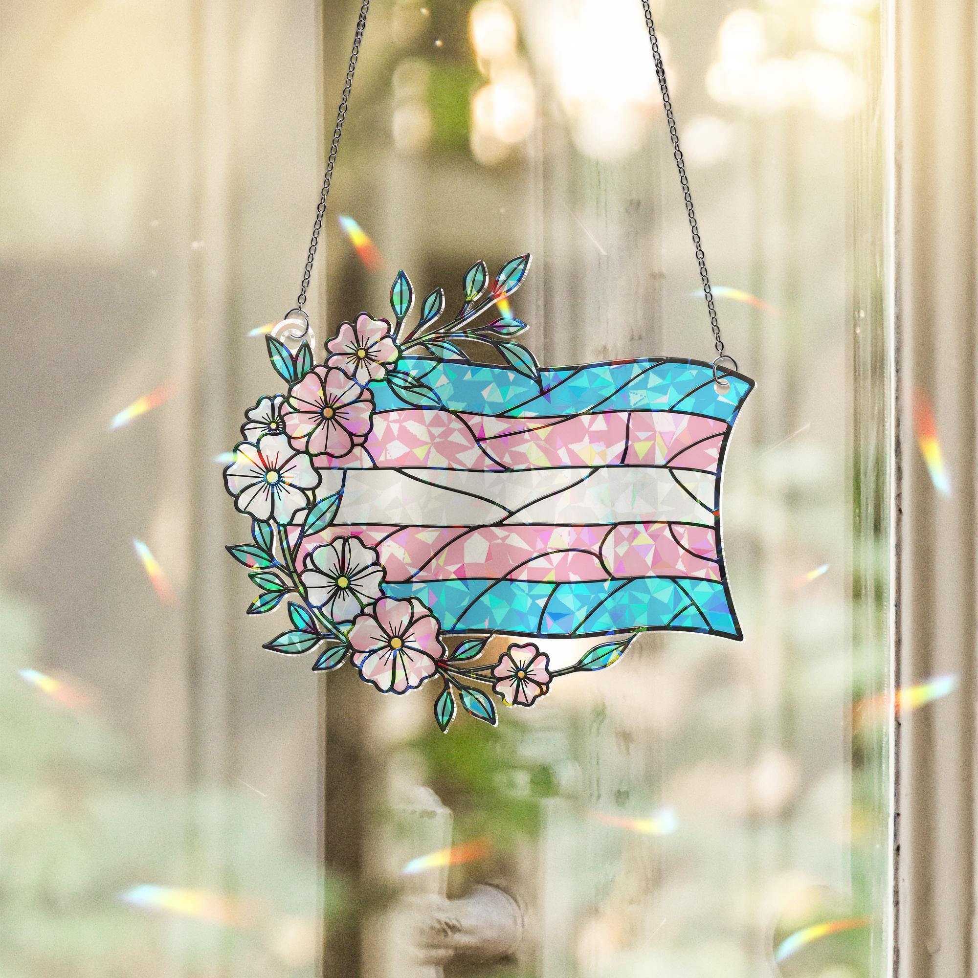 Trans Pride Acrylic Window Hanging – Floral Transgender Flag Suncatcher, LGBTQ+ Window Decor, Inclusive Pride Gift for Home