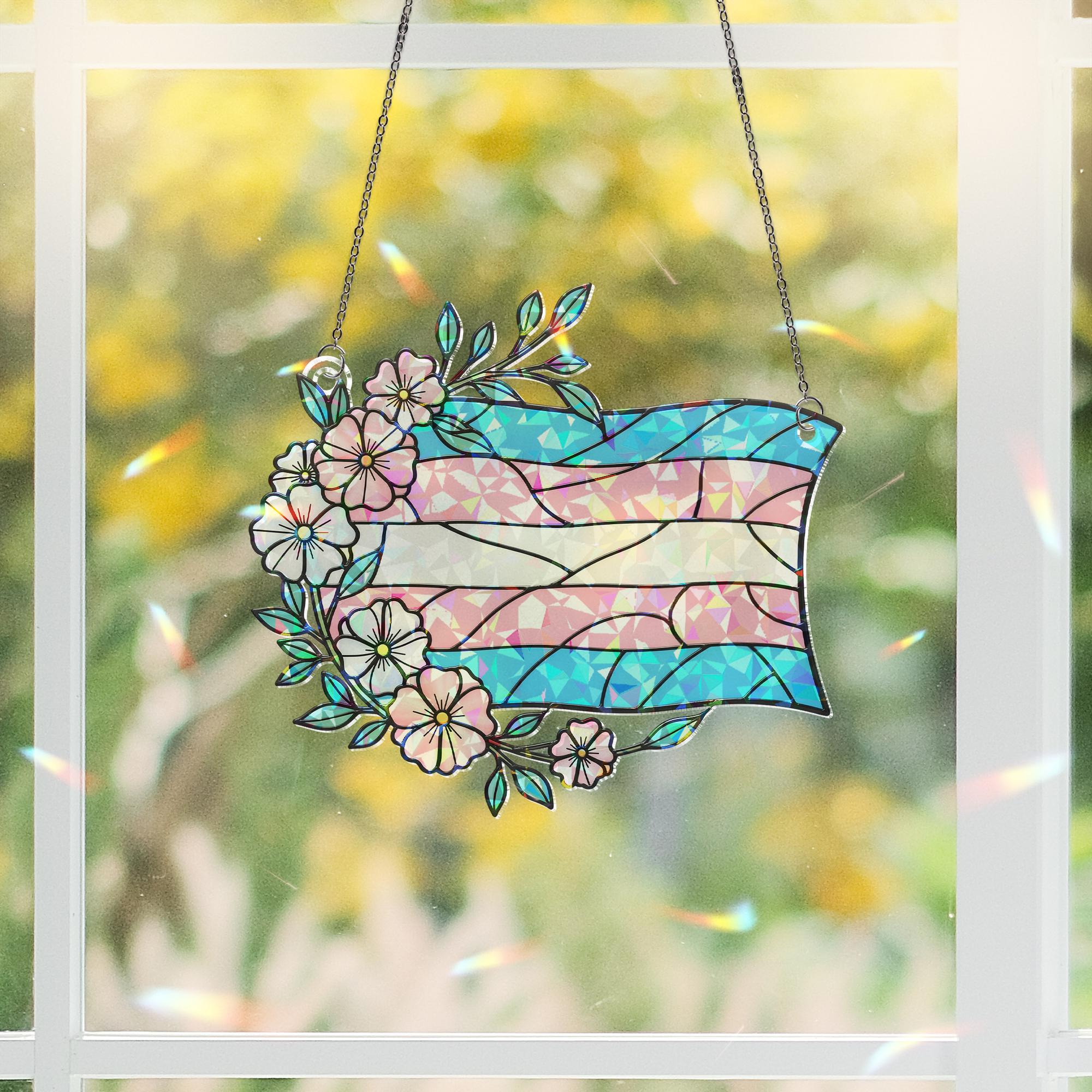 Trans Pride Acrylic Window Hanging – Floral Transgender Flag Suncatcher, LGBTQ+ Window Decor, Inclusive Pride Gift for Home