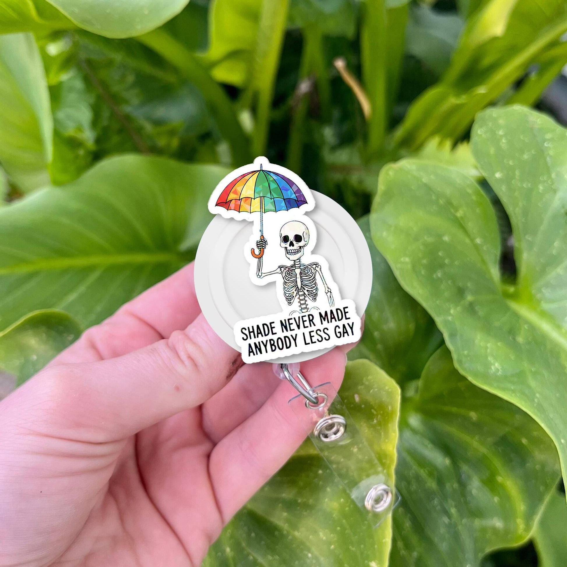 Funny Pride Skeleton Badge Reel | Shade Never Made Anybody Less Gay LGBTQ+ ID Clip | Queer Rainbow Nurse Office Accessory