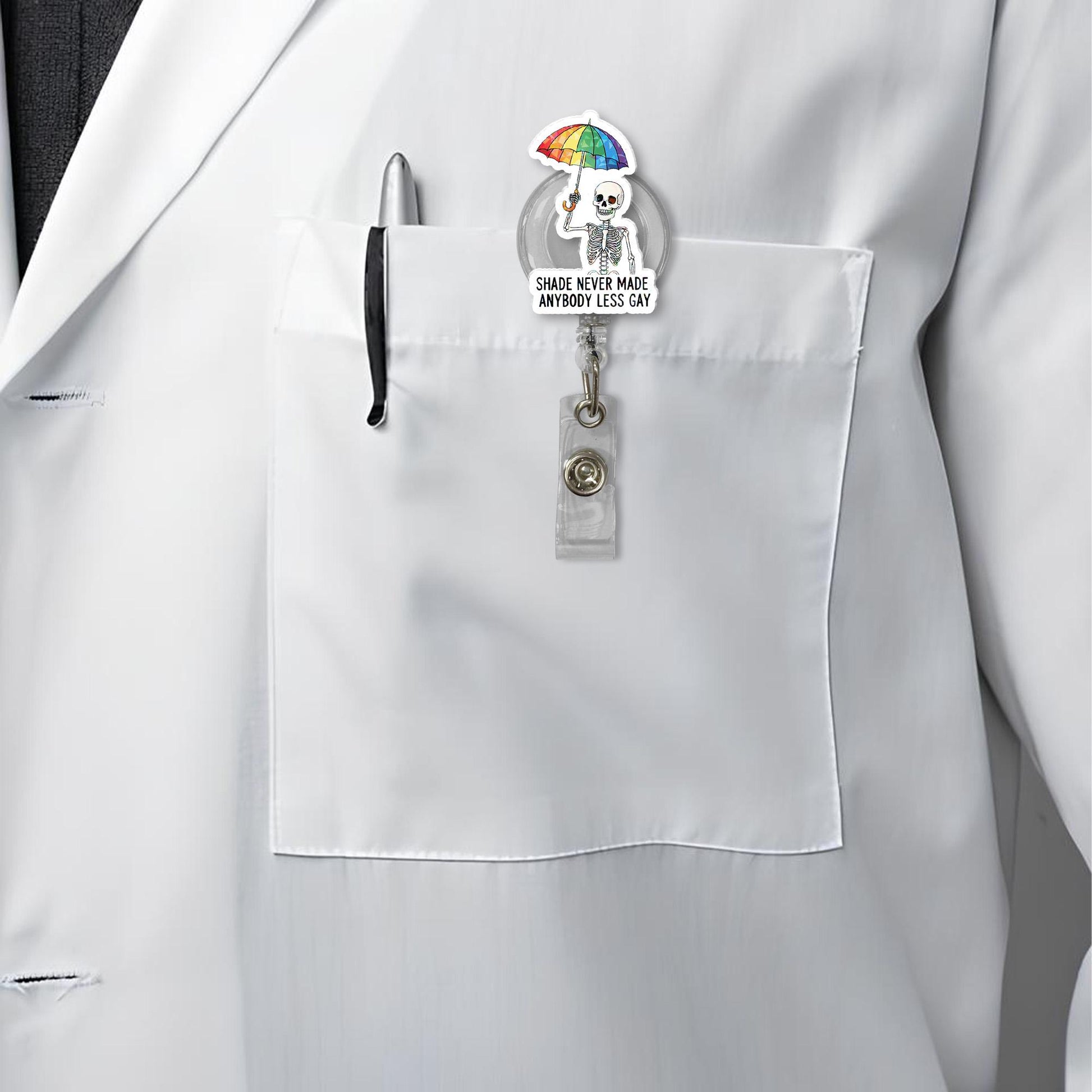 Funny Pride Skeleton Badge Reel | Shade Never Made Anybody Less Gay LGBTQ+ ID Clip | Queer Rainbow Nurse Office Accessory