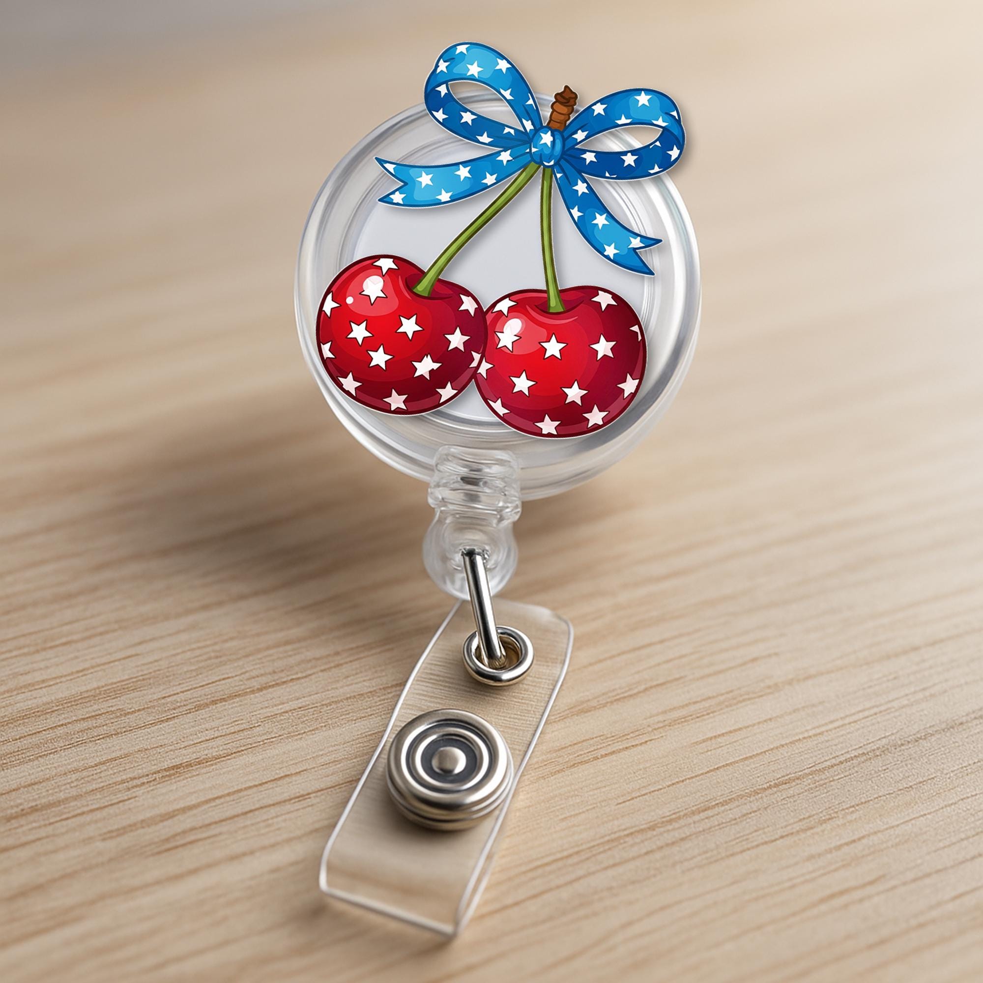 Patriotic Cherry Badge Reel – 4th of July ID Holder, Nurse Gift, Cute Red White Blue Star Clip, Independence Day Office Accessory