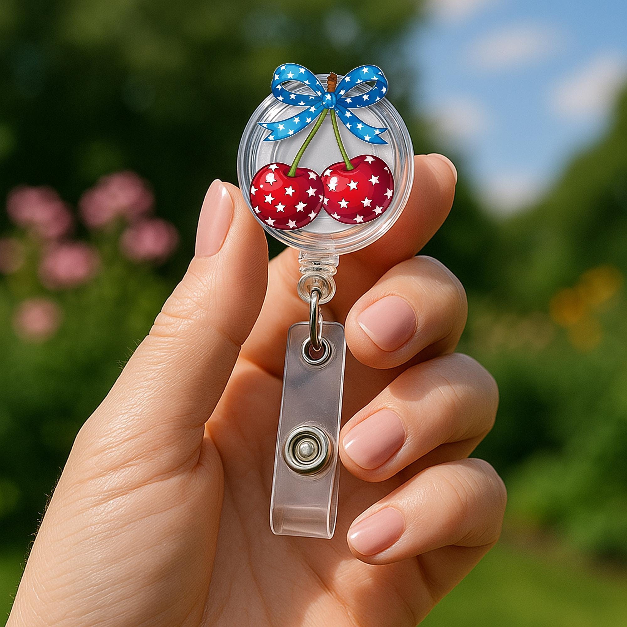 Patriotic Cherry Badge Reel – 4th of July ID Holder, Nurse Gift, Cute Red White Blue Star Clip, Independence Day Office Accessory