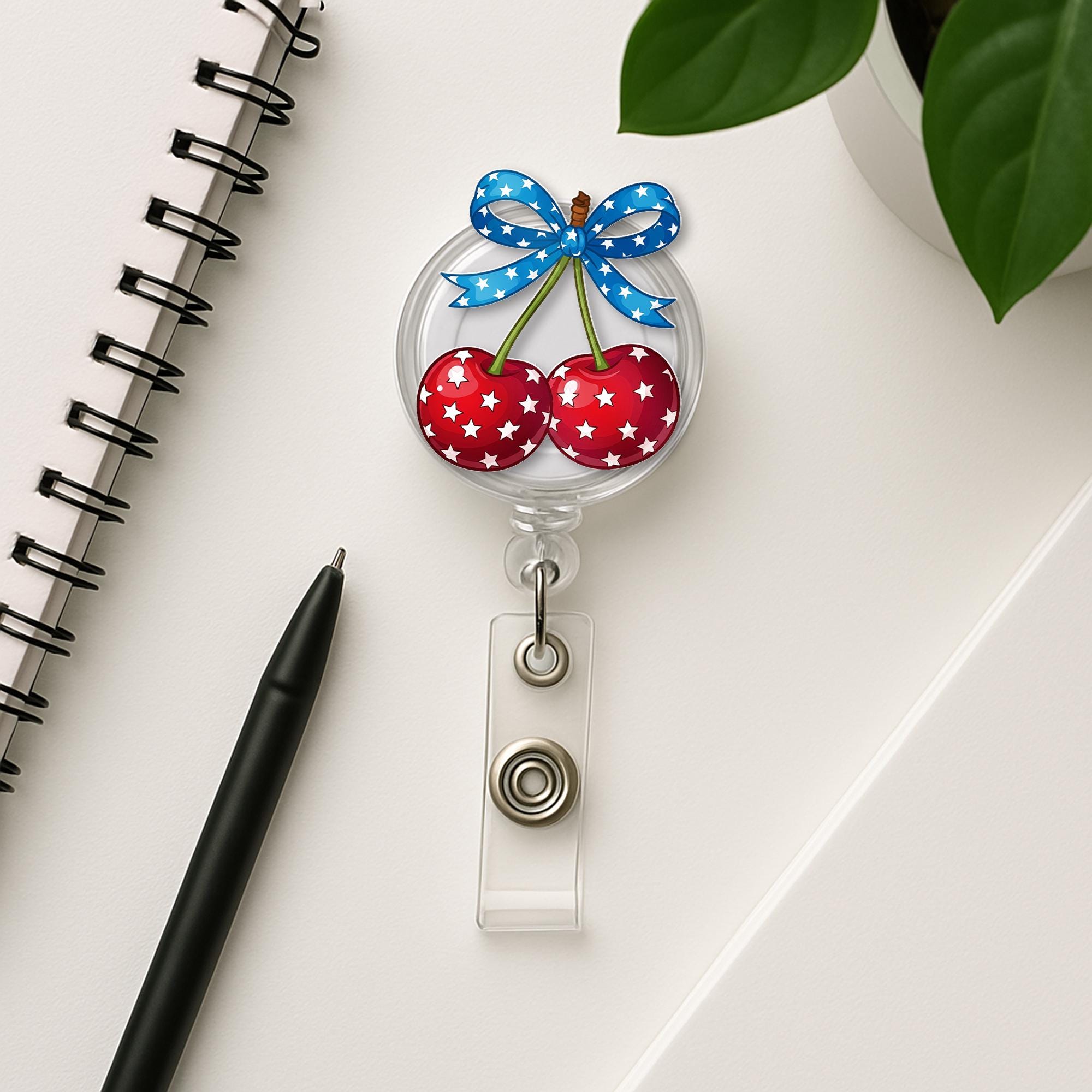 Patriotic Cherry Badge Reel – 4th of July ID Holder, Nurse Gift, Cute Red White Blue Star Clip, Independence Day Office Accessory
