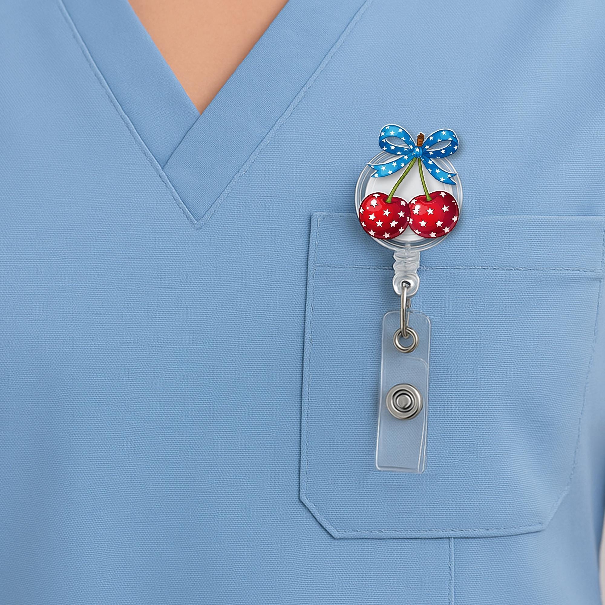Patriotic Cherry Badge Reel – 4th of July ID Holder, Nurse Gift, Cute Red White Blue Star Clip, Independence Day Office Accessory