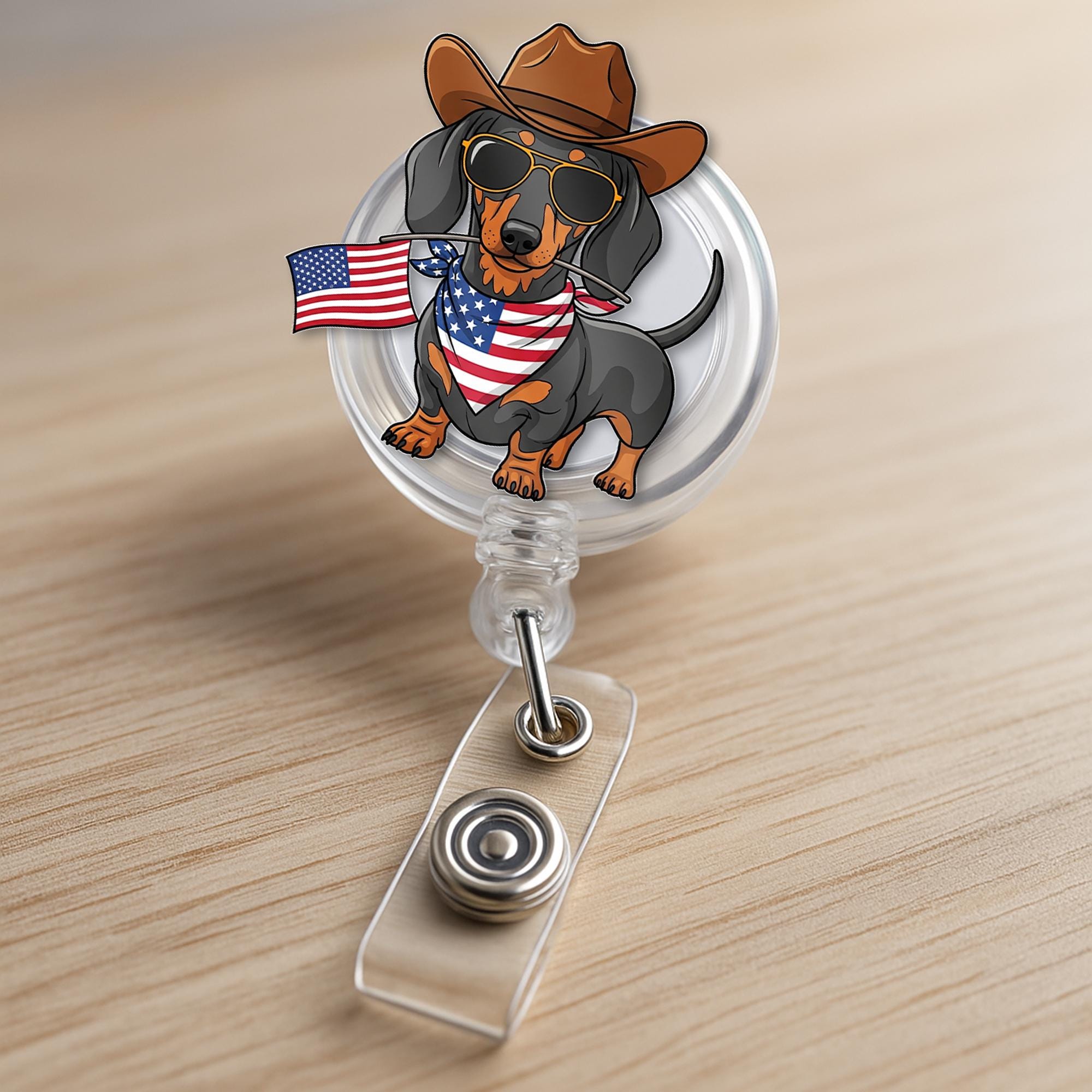 Patriotic Dachshund Badge Reel – Cowboy Dog ID Holder, 4th of July Nurse Gift, USA Flag Clip for Vet Techs, Teachers, Dog Lovers