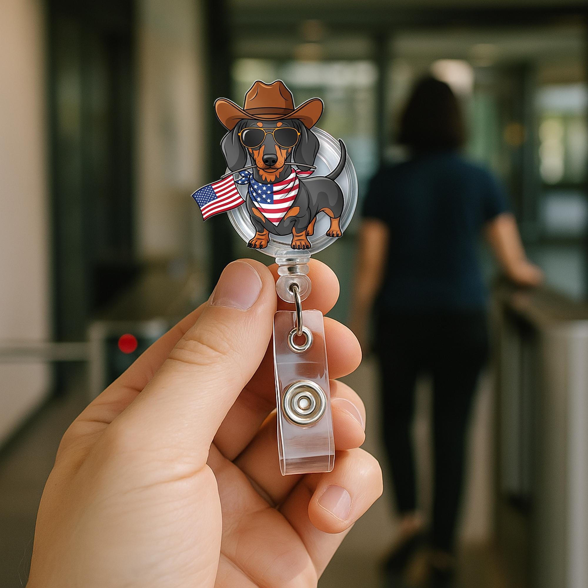 Patriotic Dachshund Badge Reel – Cowboy Dog ID Holder, 4th of July Nurse Gift, USA Flag Clip for Vet Techs, Teachers, Dog Lovers