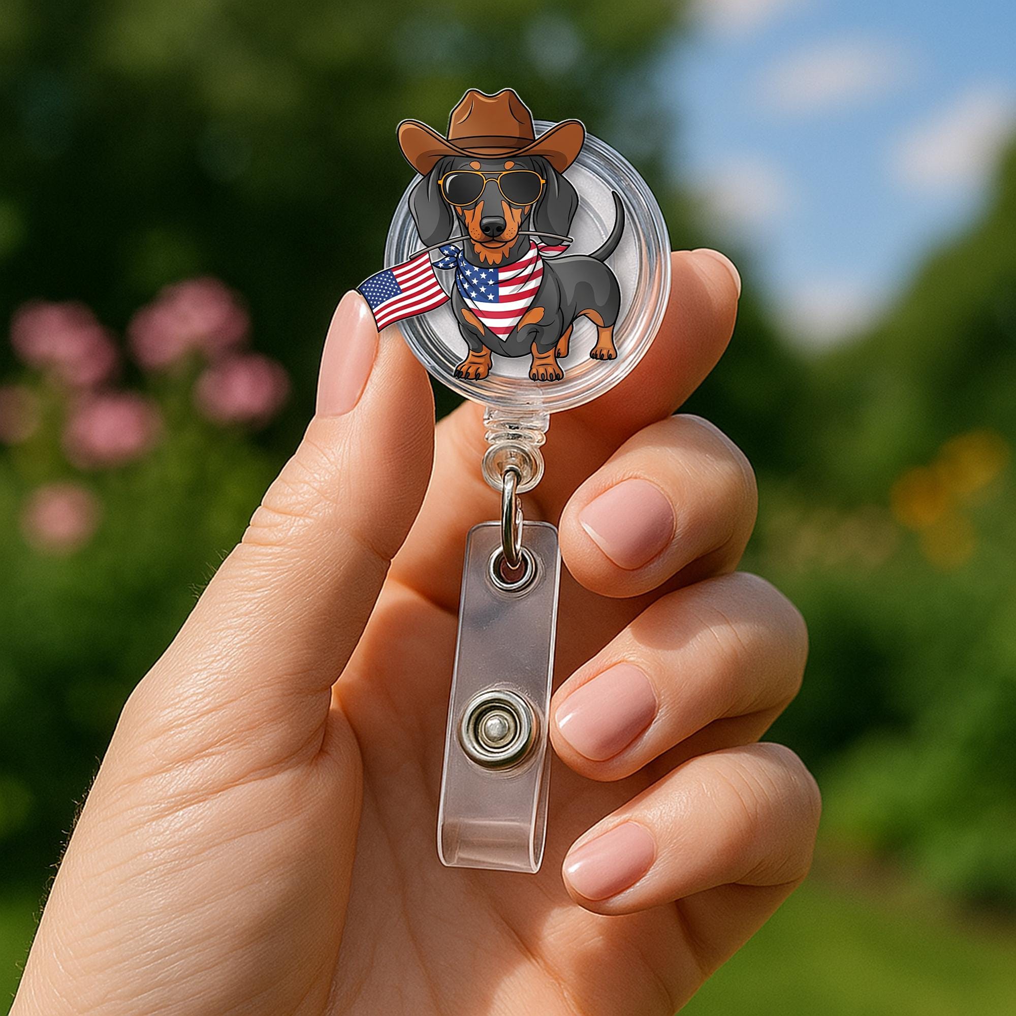 Patriotic Dachshund Badge Reel – Cowboy Dog ID Holder, 4th of July Nurse Gift, USA Flag Clip for Vet Techs, Teachers, Dog Lovers