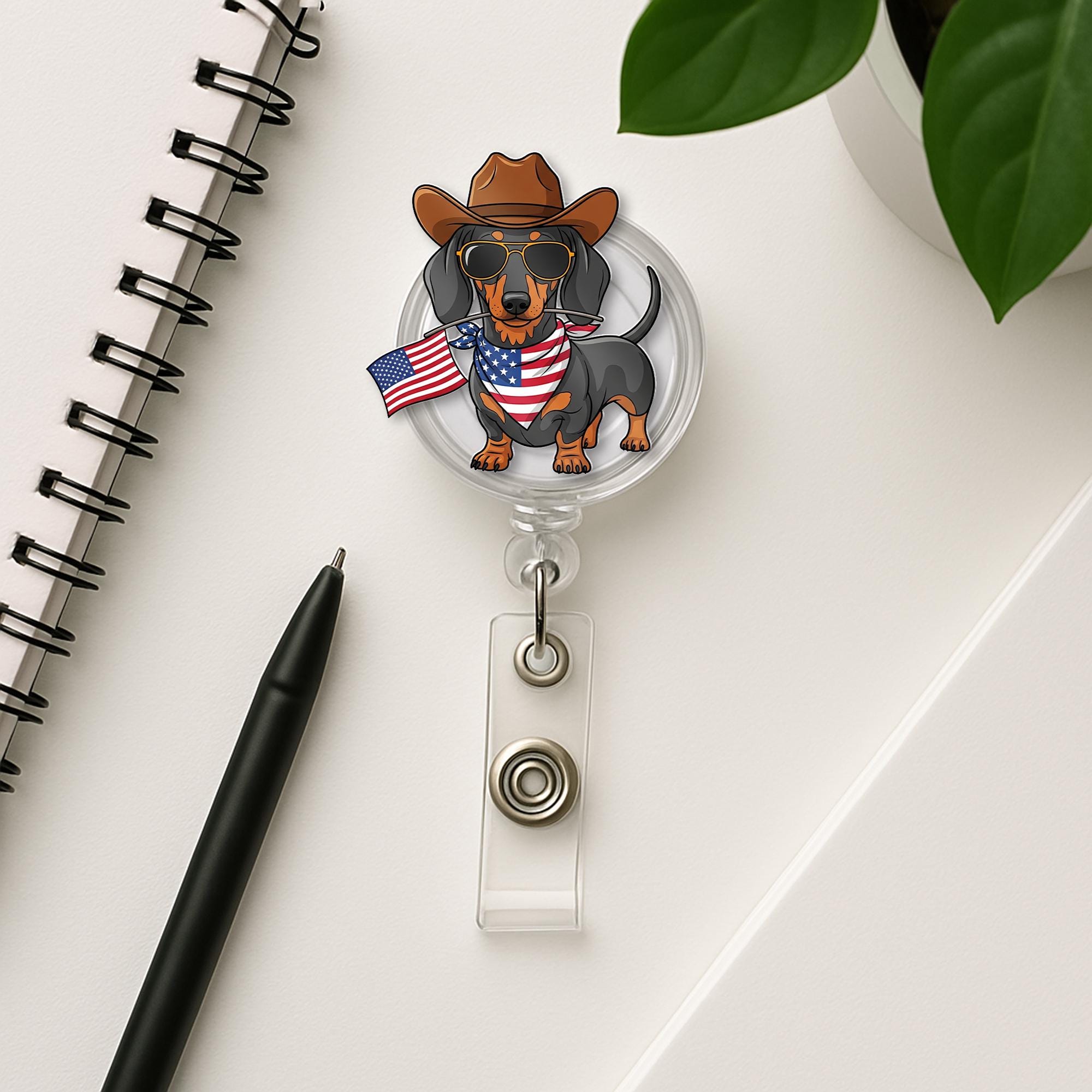 Patriotic Dachshund Badge Reel – Cowboy Dog ID Holder, 4th of July Nurse Gift, USA Flag Clip for Vet Techs, Teachers, Dog Lovers