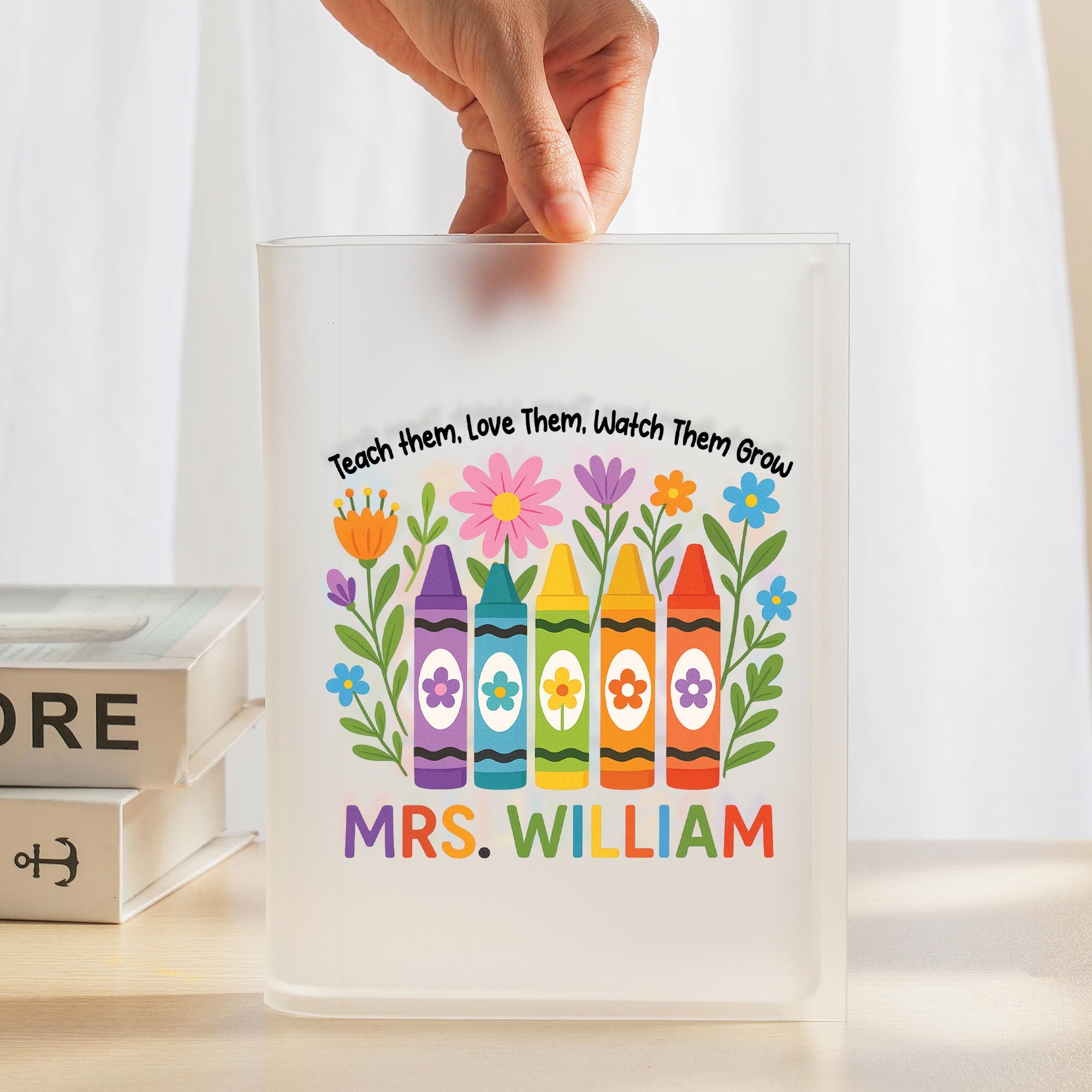 Custom Teacher Acrylic Book Vase | Personalized Crayon Floral Gift | End of Year Classroom Decor | Teacher Appreciation Present