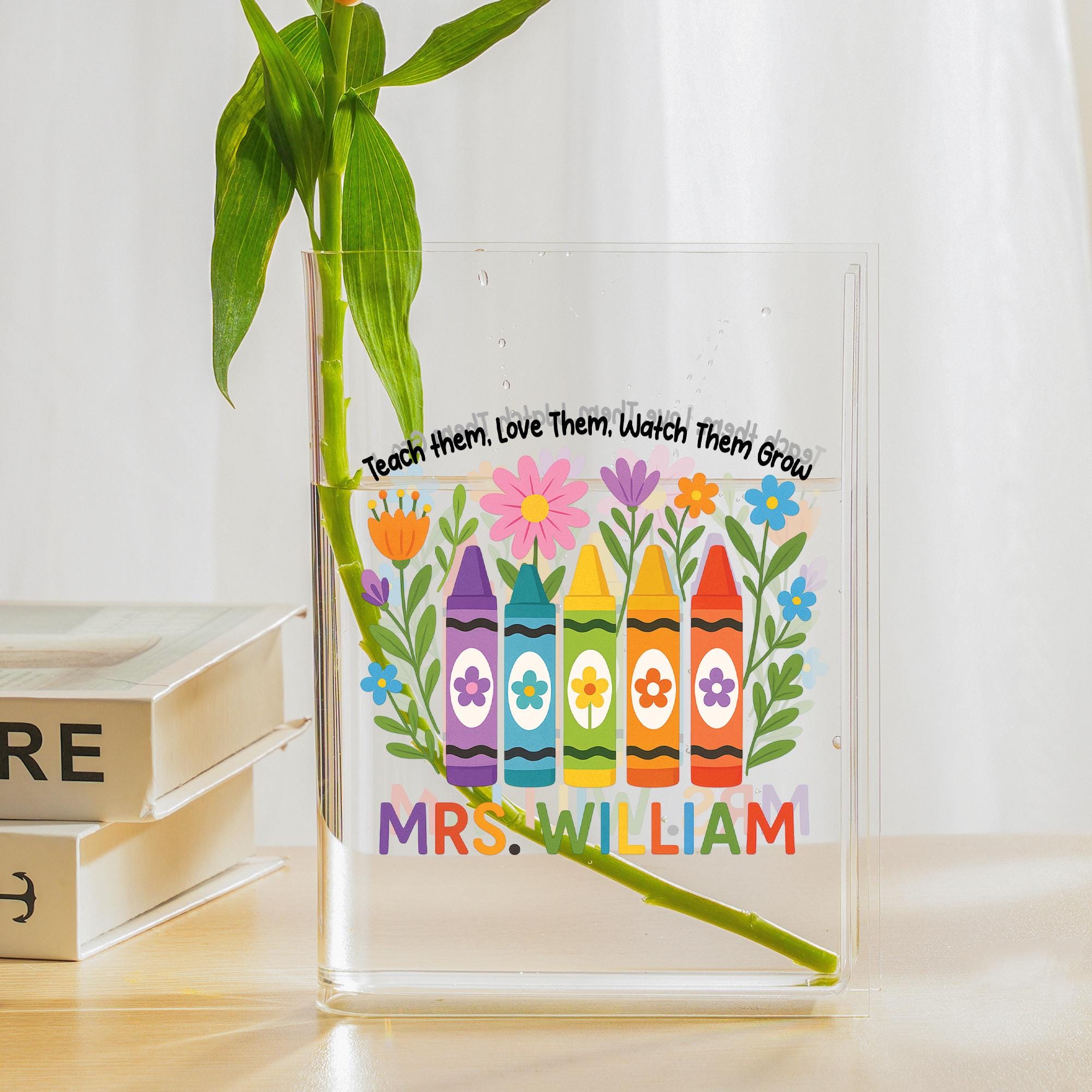Custom Teacher Acrylic Book Vase | Personalized Crayon Floral Gift | End of Year Classroom Decor | Teacher Appreciation Present