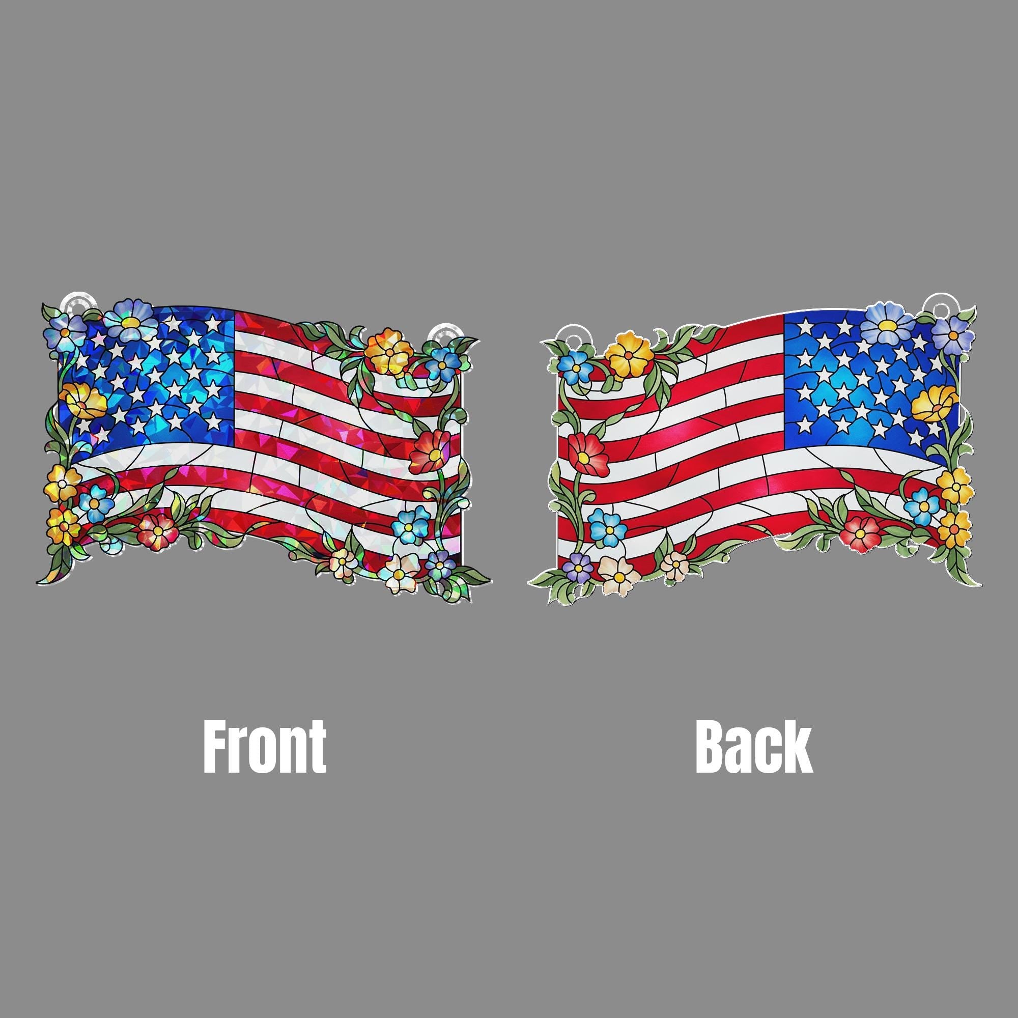 Patriotic Floral American Flag Acrylic Window Hanging – 4th of July Suncatcher, USA Independence Day Window Decor, Red White Blue Gift