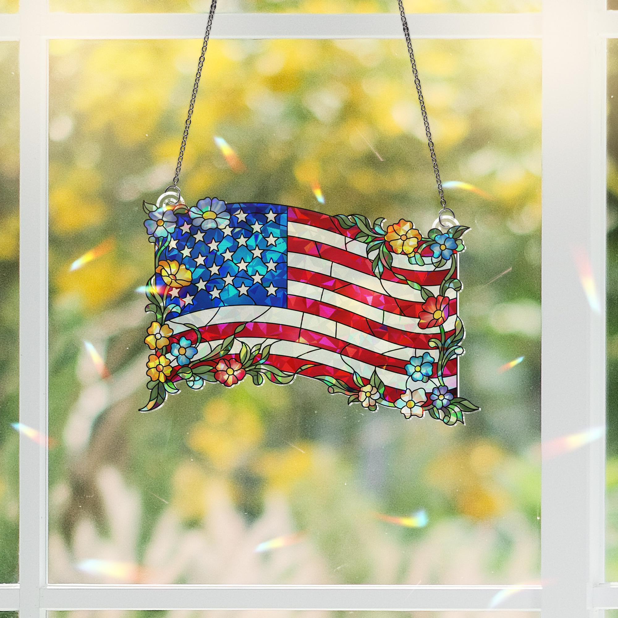 Patriotic Floral American Flag Acrylic Window Hanging – 4th of July Suncatcher, USA Independence Day Window Decor, Red White Blue Gift