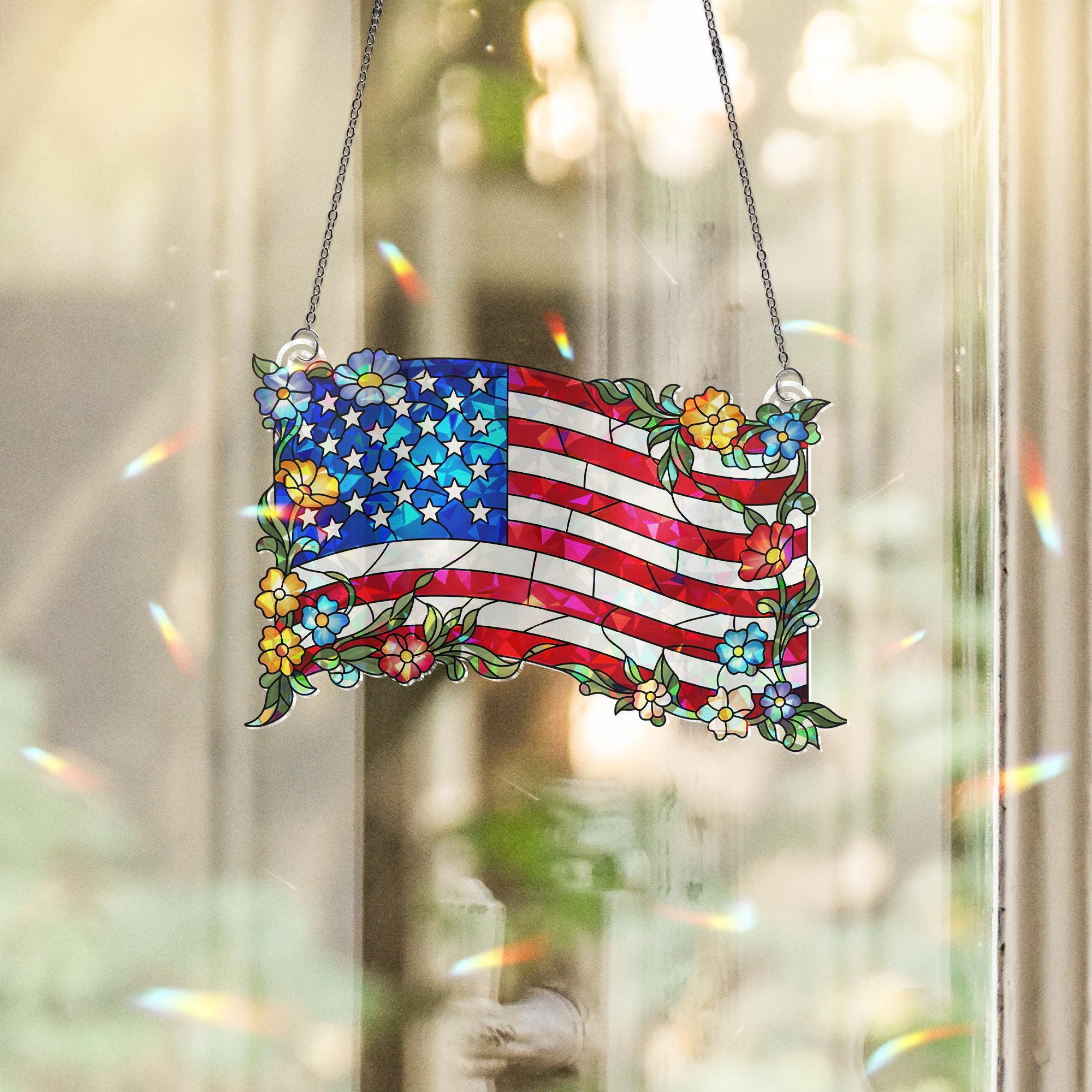 Patriotic Floral American Flag Acrylic Window Hanging – 4th of July Suncatcher, USA Independence Day Window Decor, Red White Blue Gift