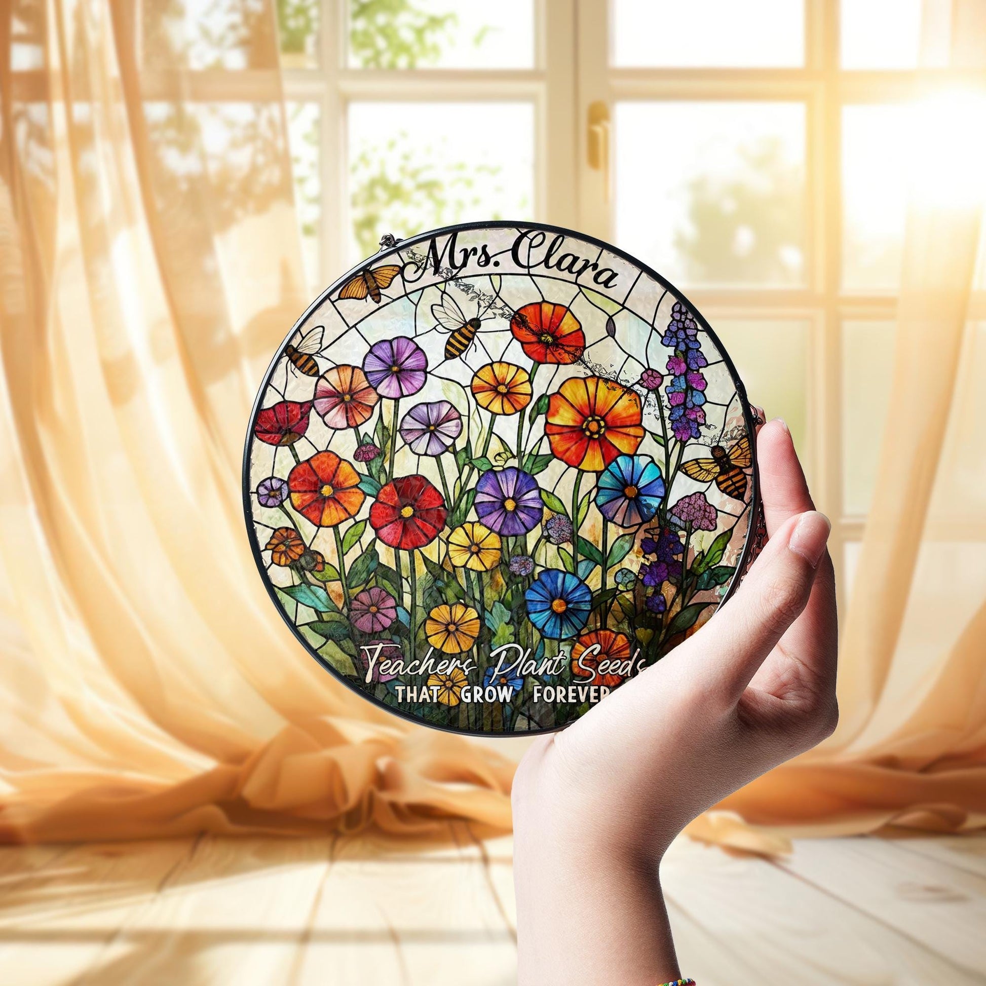 Custom Teacher Suncatcher Gift | Floral Glass Look Window Decor | “Teachers Plant Seeds” Personalized Thank You Keepsake