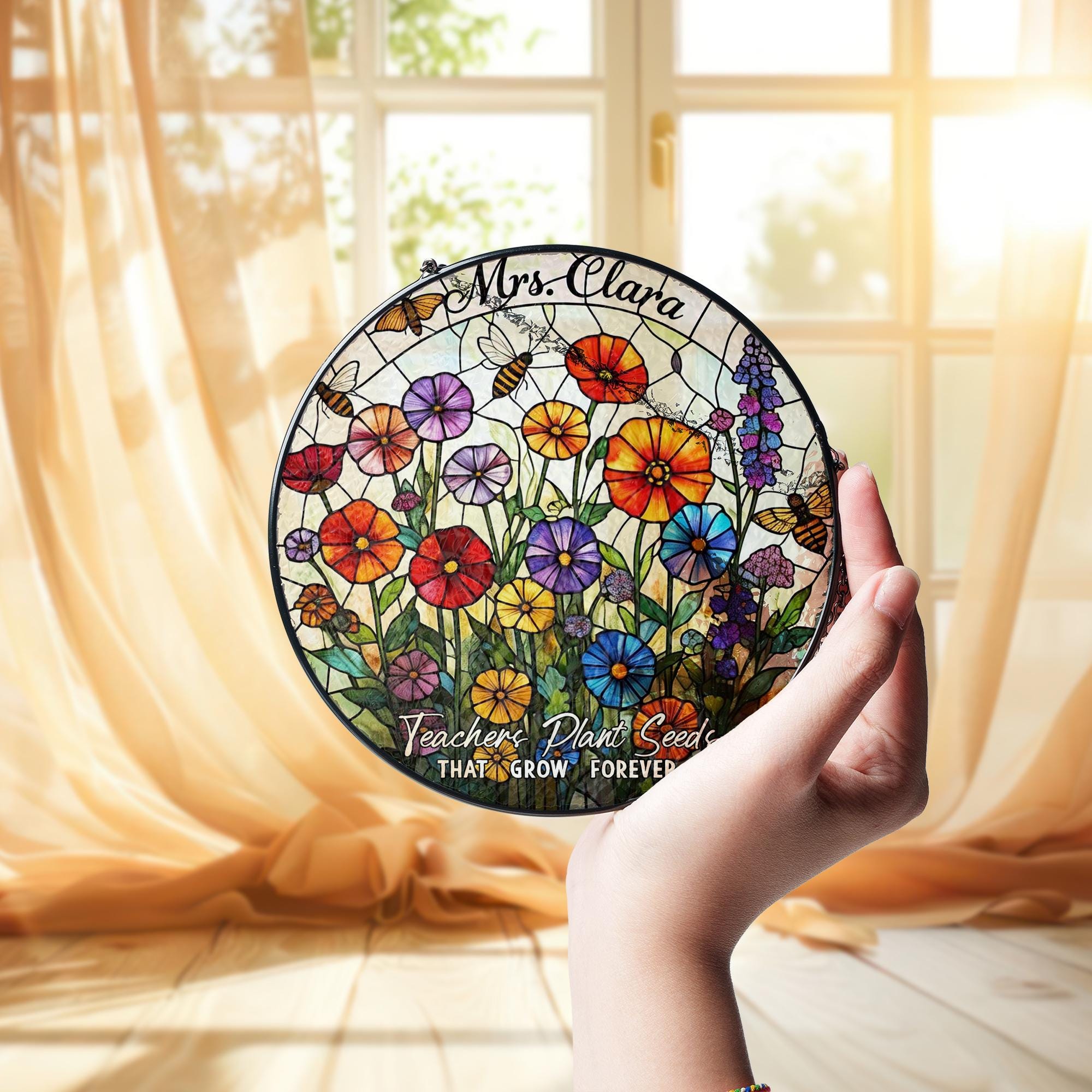 Custom Teacher Suncatcher Gift | Floral Glass Look Window Decor | “Teachers Plant Seeds” Personalized Thank You Keepsake