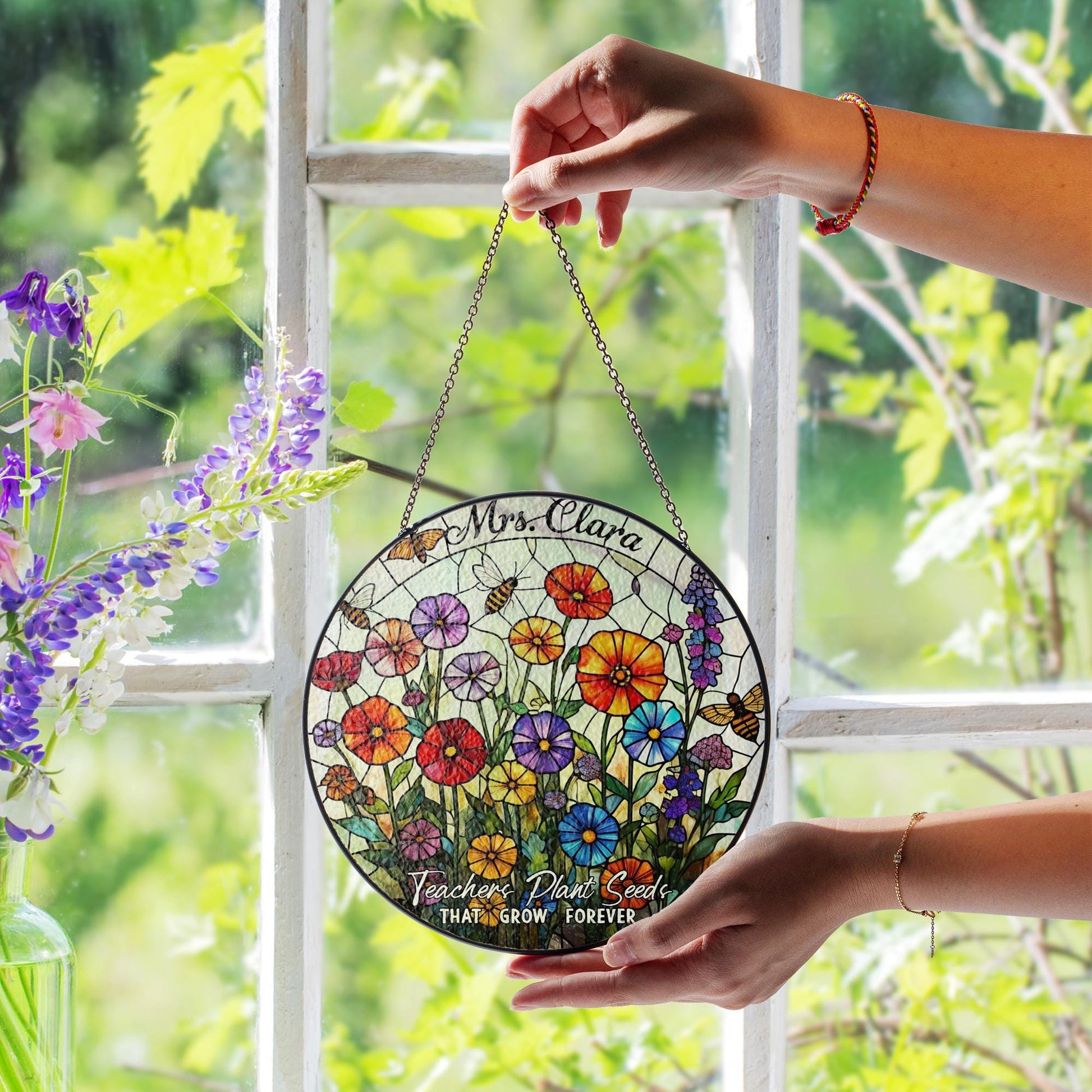 Custom Teacher Suncatcher Gift | Floral Glass Look Window Decor | “Teachers Plant Seeds” Personalized Thank You Keepsake