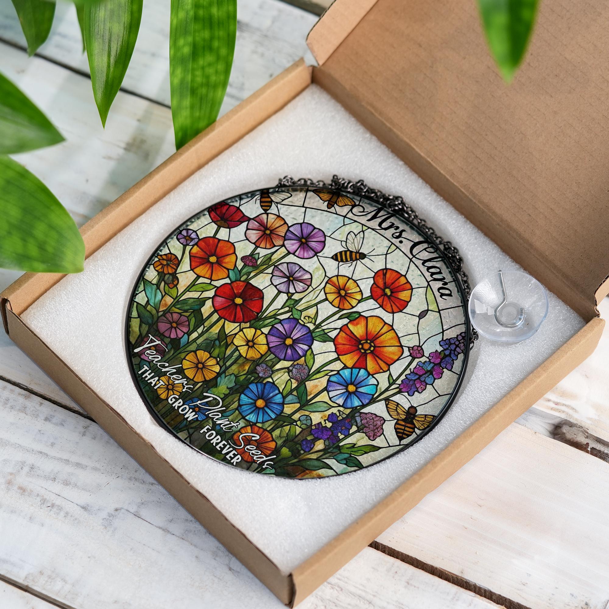 Custom Teacher Suncatcher Gift | Floral Glass Look Window Decor | “Teachers Plant Seeds” Personalized Thank You Keepsake