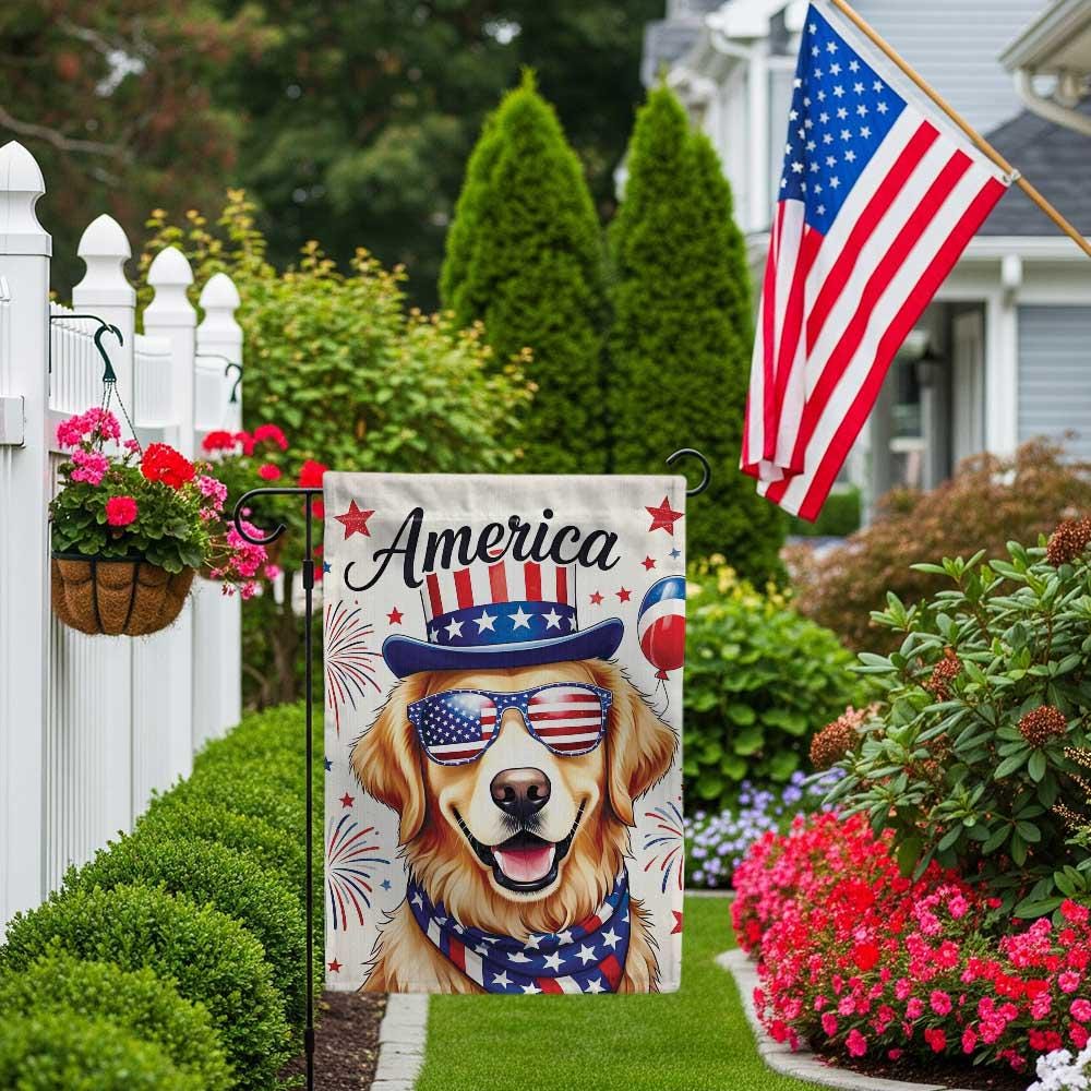4th of July Patriotic Dog Garden Flag – Golden Retriever with USA Hat & Sunglasses, Independence Day Yard Decor, America Flag