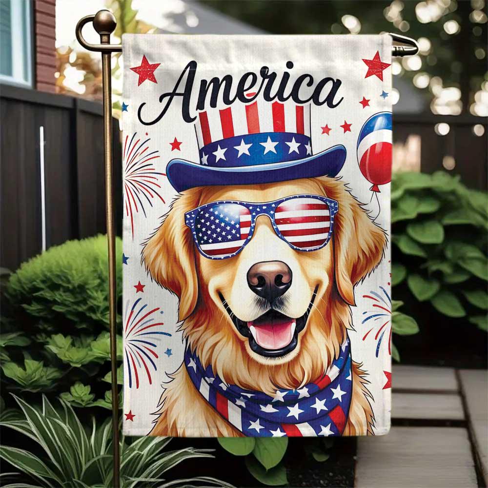 4th of July Patriotic Dog Garden Flag – Golden Retriever with USA Hat & Sunglasses, Independence Day Yard Decor, America Flag