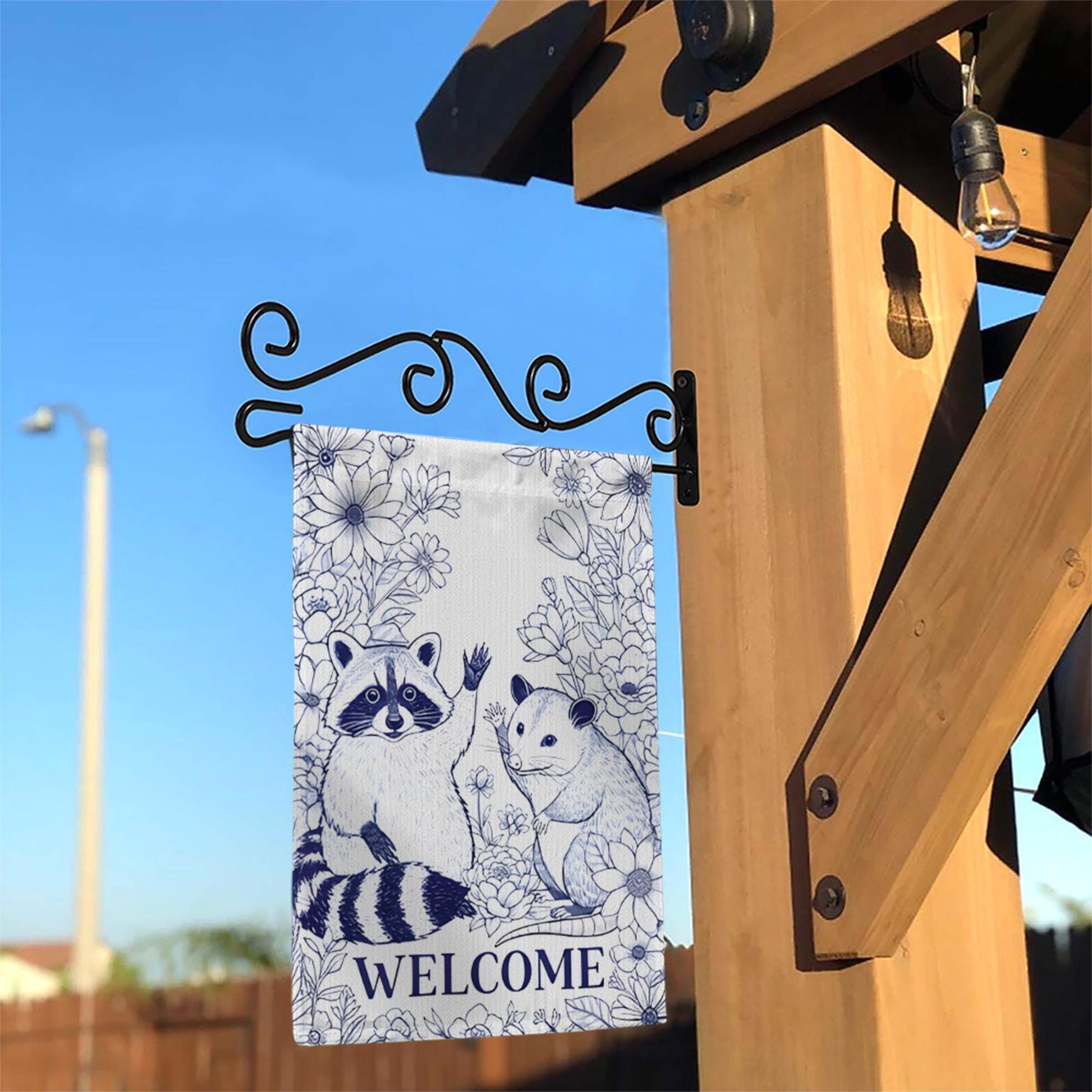Chinoiserie Raccoon and Possum Garden Flag, Welcome Yard Decor, Blue and White Animal Flag, Cute Woodland Outdoor Sign, Animal Flag Decor