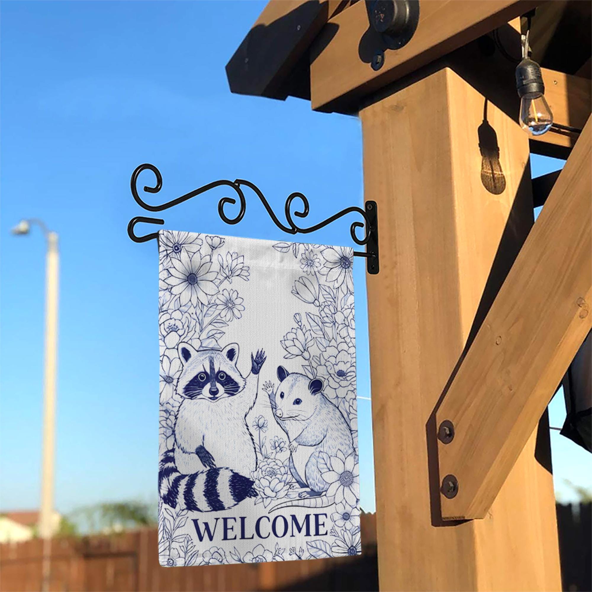 Chinoiserie Raccoon and Possum Garden Flag, Welcome Yard Decor, Blue and White Animal Flag, Cute Woodland Outdoor Sign, Animal Flag Decor