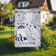 Chinoiserie Raccoon and Possum Garden Flag, Welcome Yard Decor, Blue and White Animal Flag, Cute Woodland Outdoor Sign, Animal Flag Decor