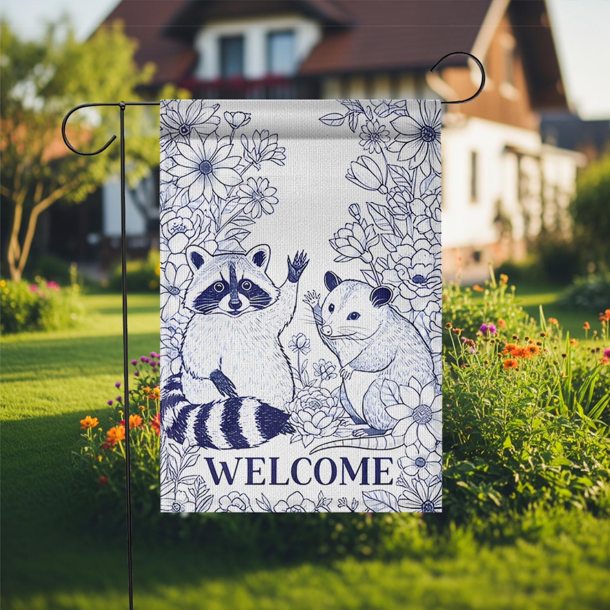 Chinoiserie Raccoon and Possum Garden Flag, Welcome Yard Decor, Blue and White Animal Flag, Cute Woodland Outdoor Sign, Animal Flag Decor