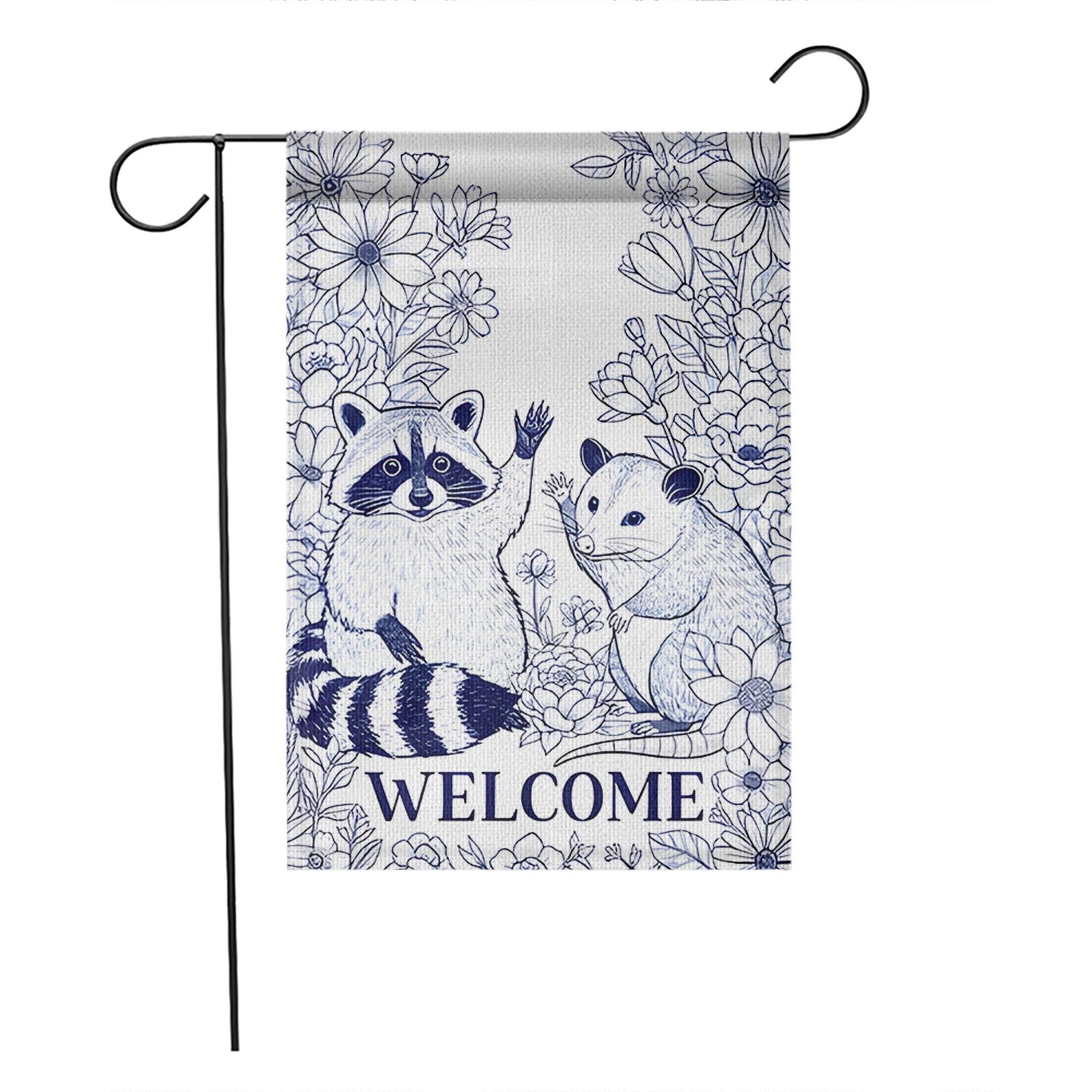 Chinoiserie Raccoon and Possum Garden Flag, Welcome Yard Decor, Blue and White Animal Flag, Cute Woodland Outdoor Sign, Animal Flag Decor