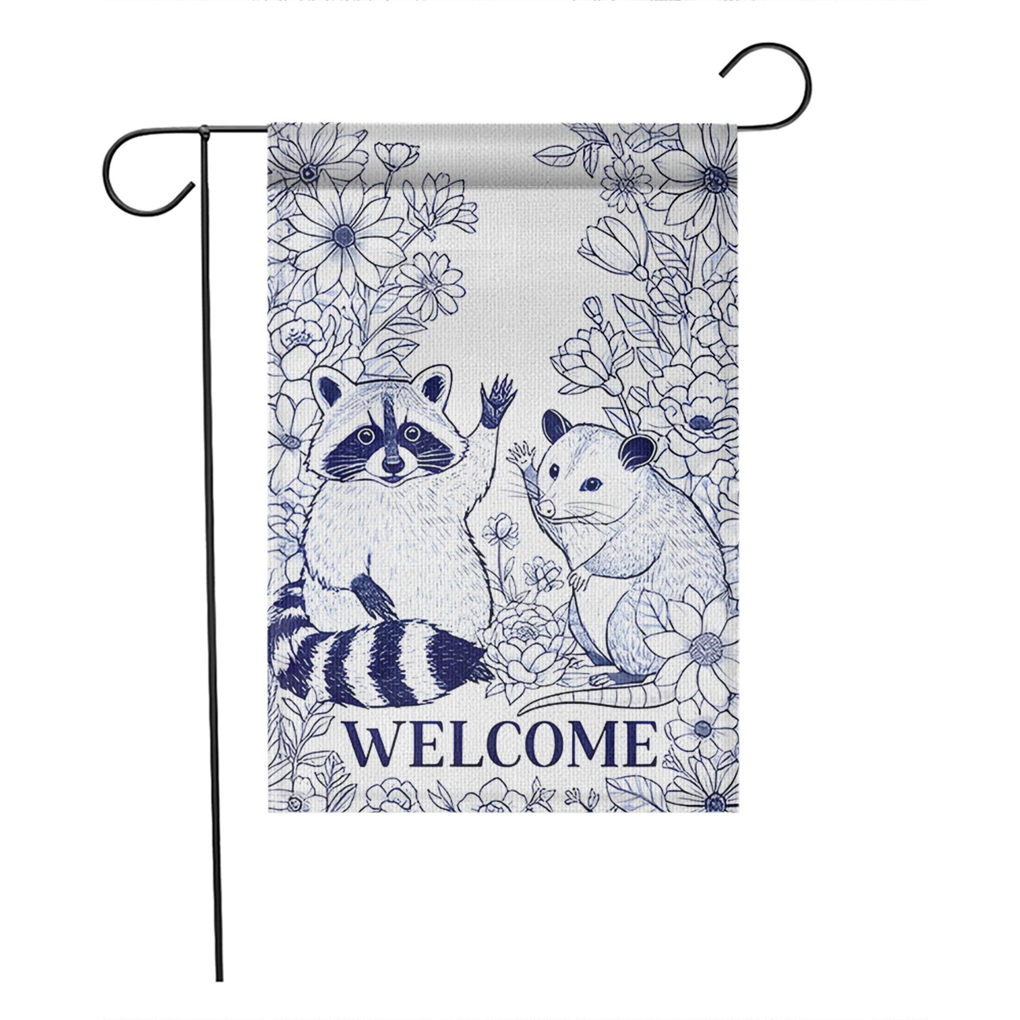 Chinoiserie Raccoon and Possum Garden Flag, Welcome Yard Decor, Blue and White Animal Flag, Cute Woodland Outdoor Sign, Animal Flag Decor