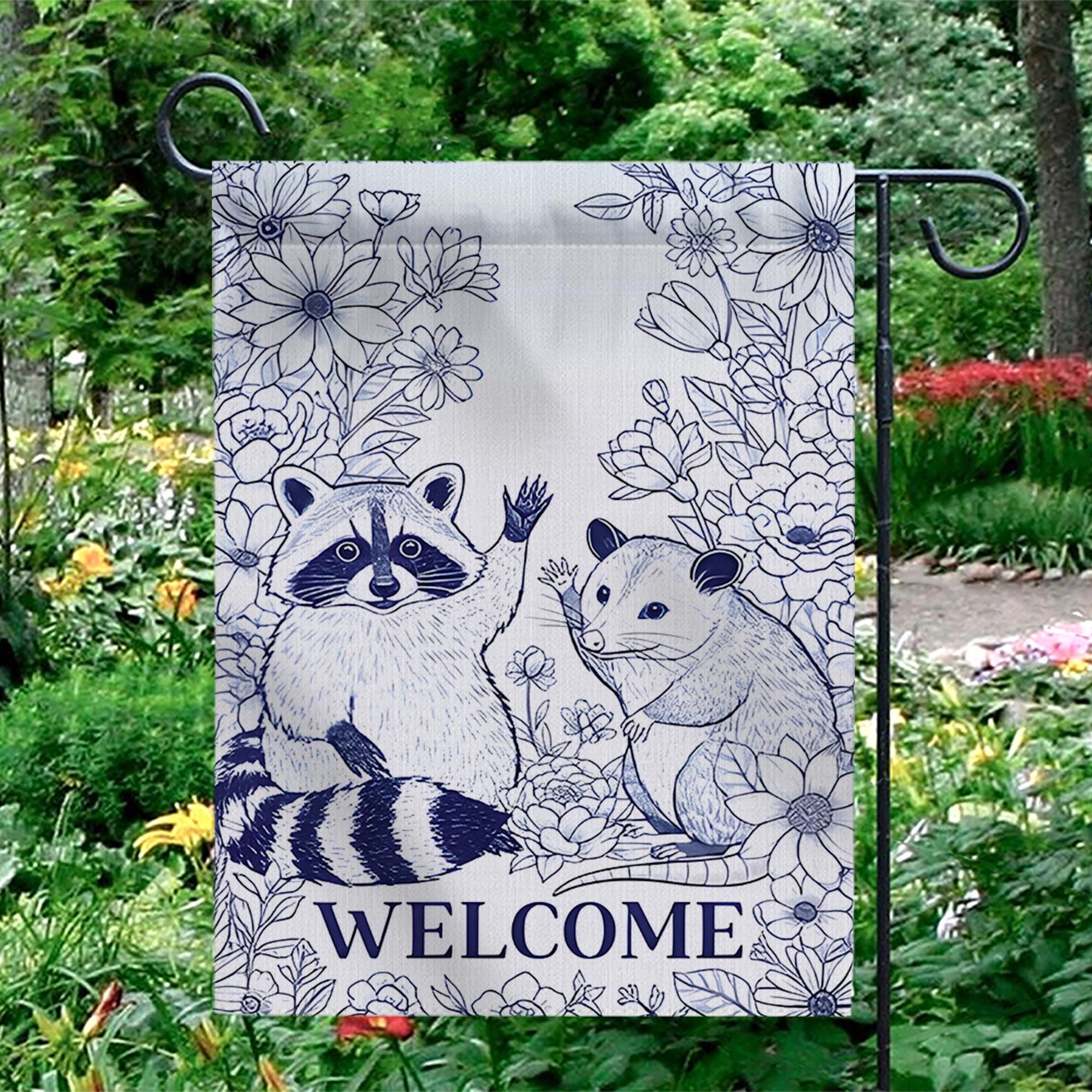Chinoiserie Raccoon and Possum Garden Flag, Welcome Yard Decor, Blue and White Animal Flag, Cute Woodland Outdoor Sign, Animal Flag Decor