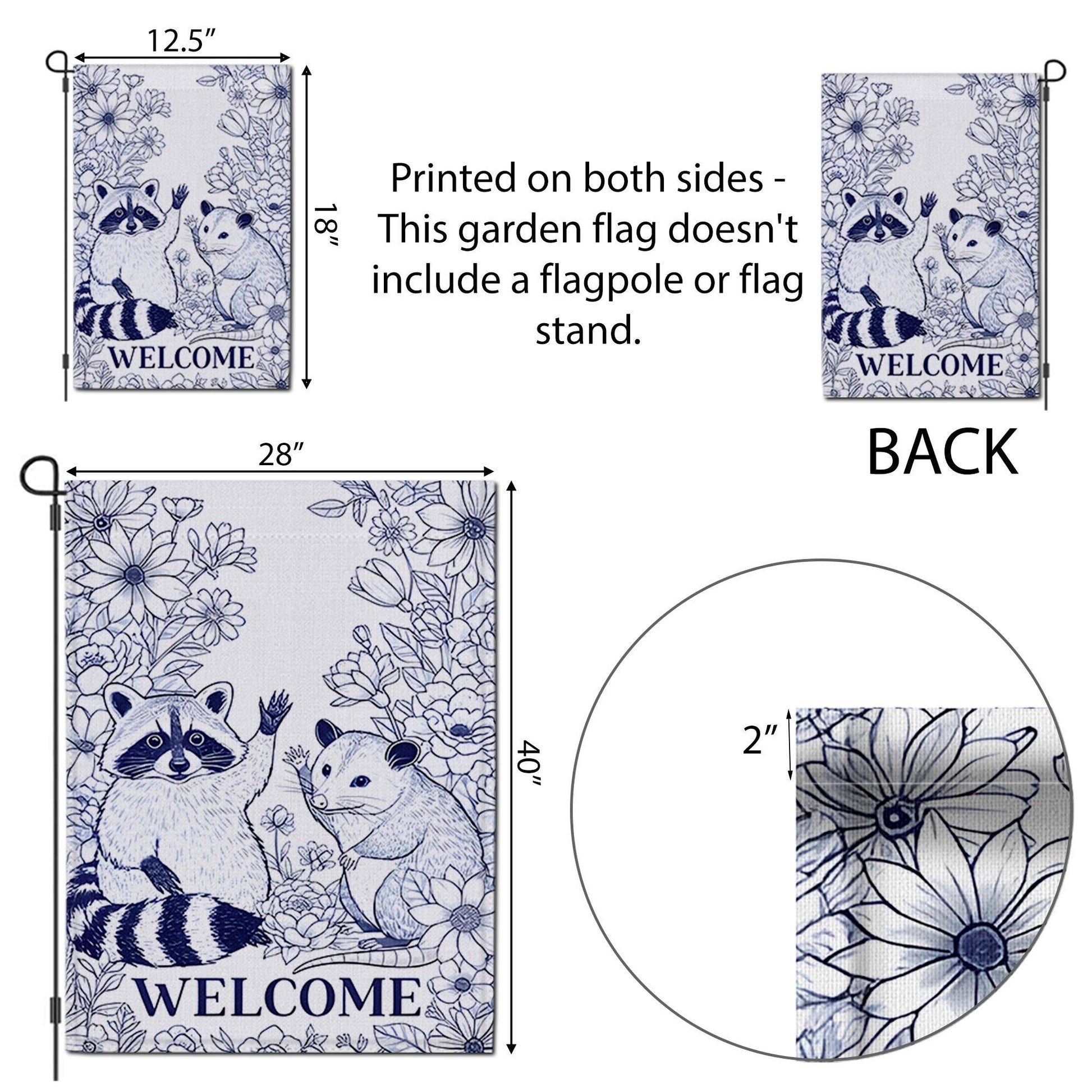 Chinoiserie Raccoon and Possum Garden Flag, Welcome Yard Decor, Blue and White Animal Flag, Cute Woodland Outdoor Sign, Animal Flag Decor