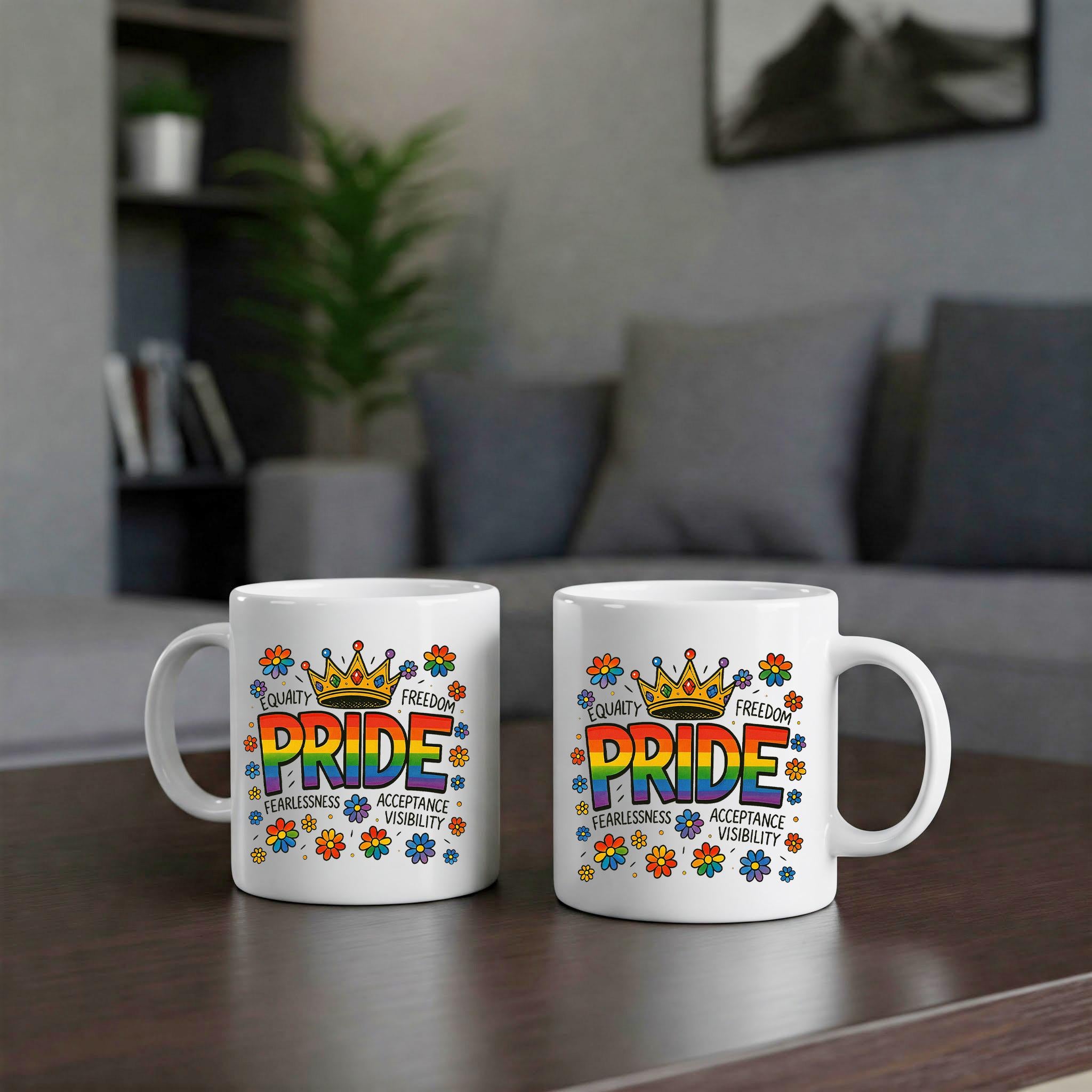 LGBTQ Pride Mug with Rainbow Crown – Equality, Acceptance & Love Ceramic Coffee Cup, Colorful Queer Gift for Pride Month or Daily Use
