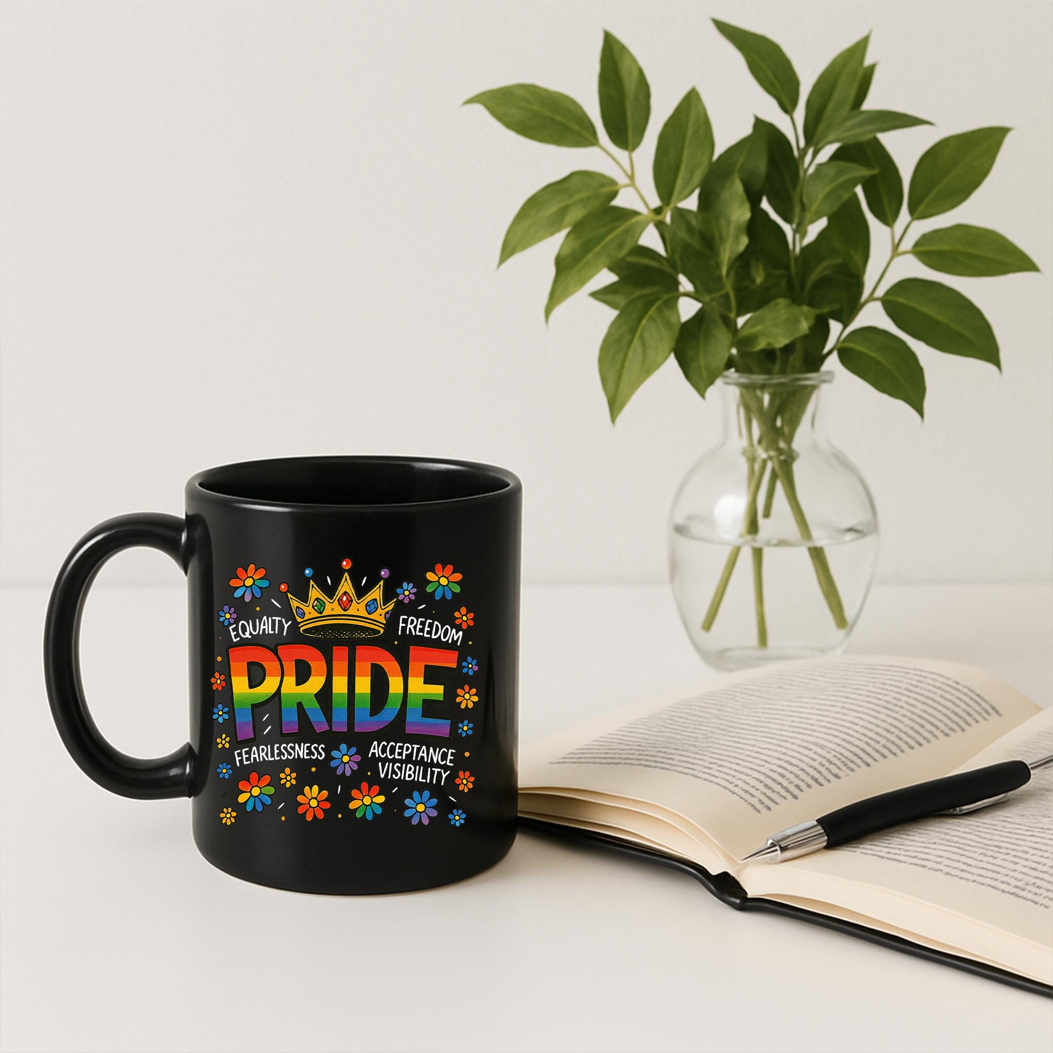 LGBTQ Pride Mug with Rainbow Crown – Equality, Acceptance & Love Ceramic Coffee Cup, Colorful Queer Gift for Pride Month or Daily Use