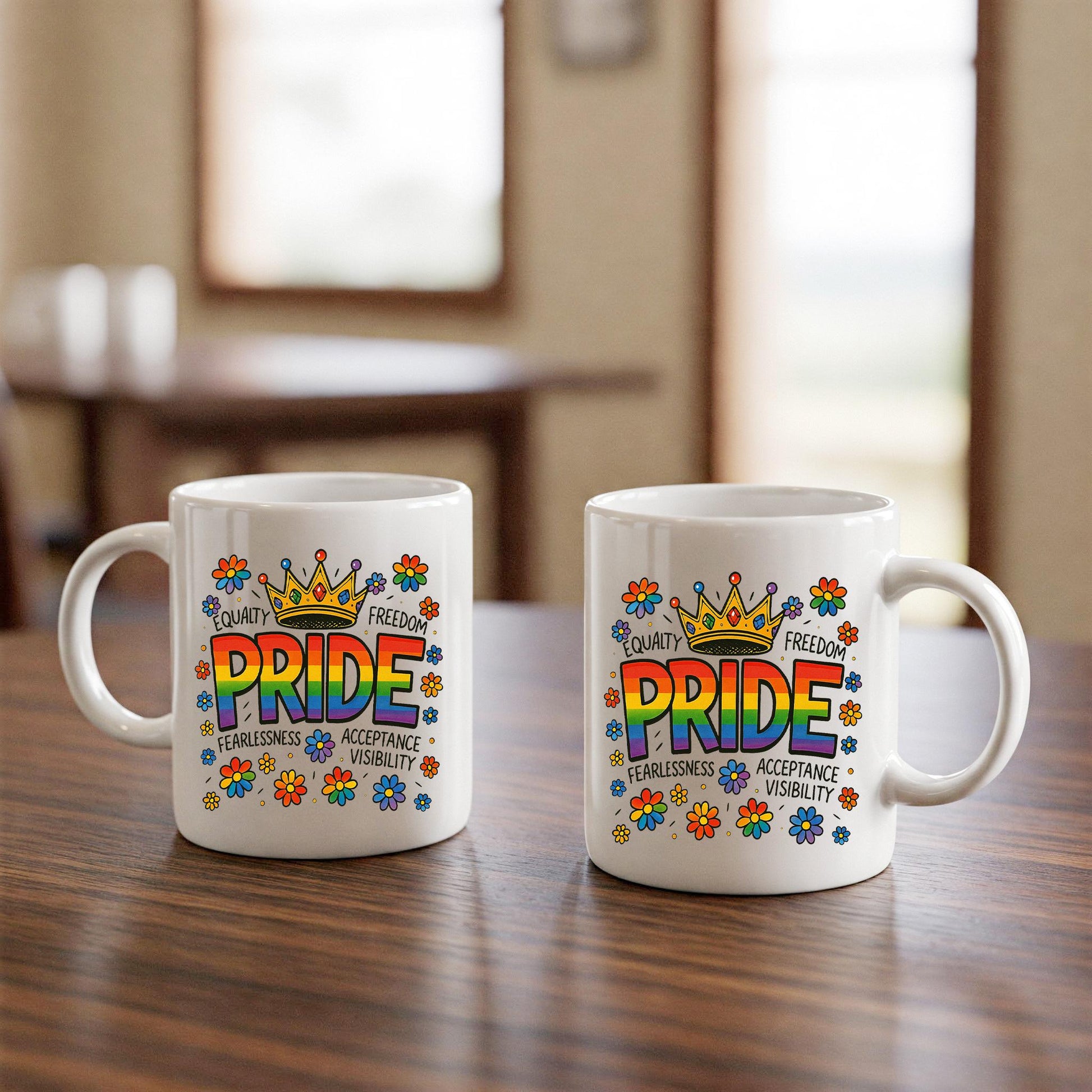 LGBTQ Pride Mug with Rainbow Crown – Equality, Acceptance & Love Ceramic Coffee Cup, Colorful Queer Gift for Pride Month or Daily Use