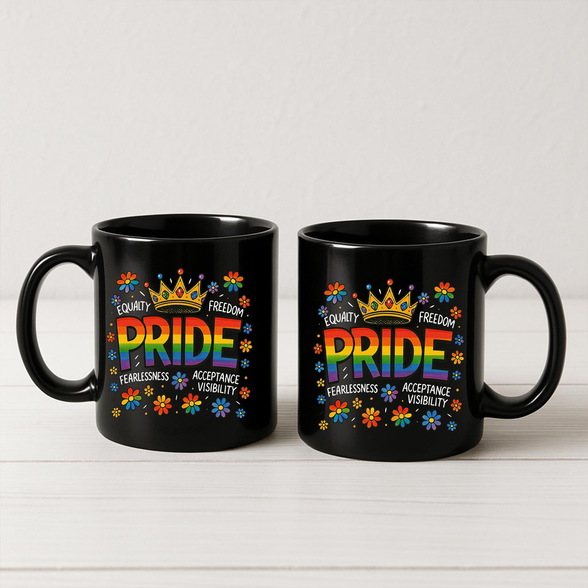 LGBTQ Pride Mug with Rainbow Crown – Equality, Acceptance & Love Ceramic Coffee Cup, Colorful Queer Gift for Pride Month or Daily Use
