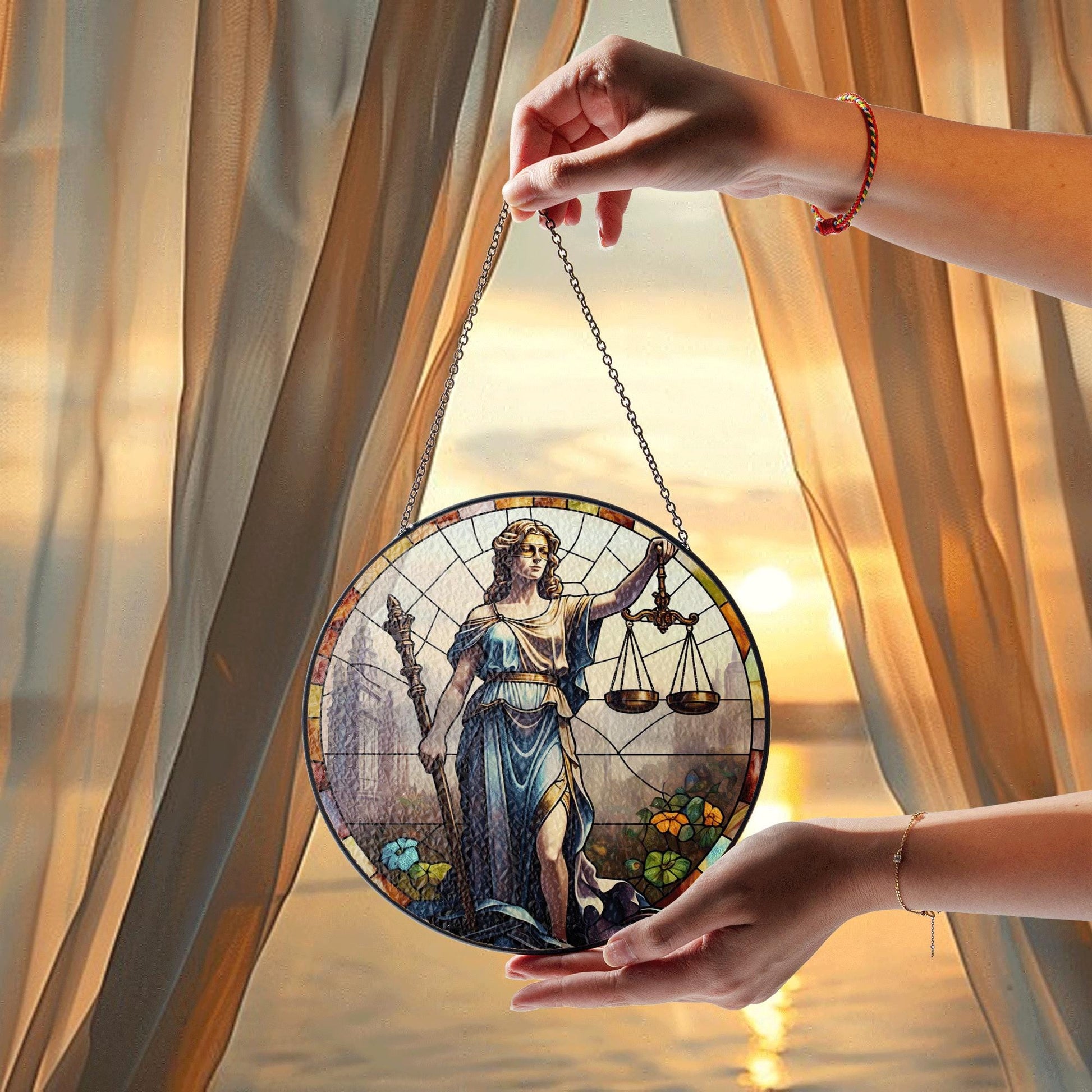 Lady Justice Glass Suncatcher – Stained Glass Style Hanging Decor for Lawyers, Judges, Legal Office, Law School Graduation Gift