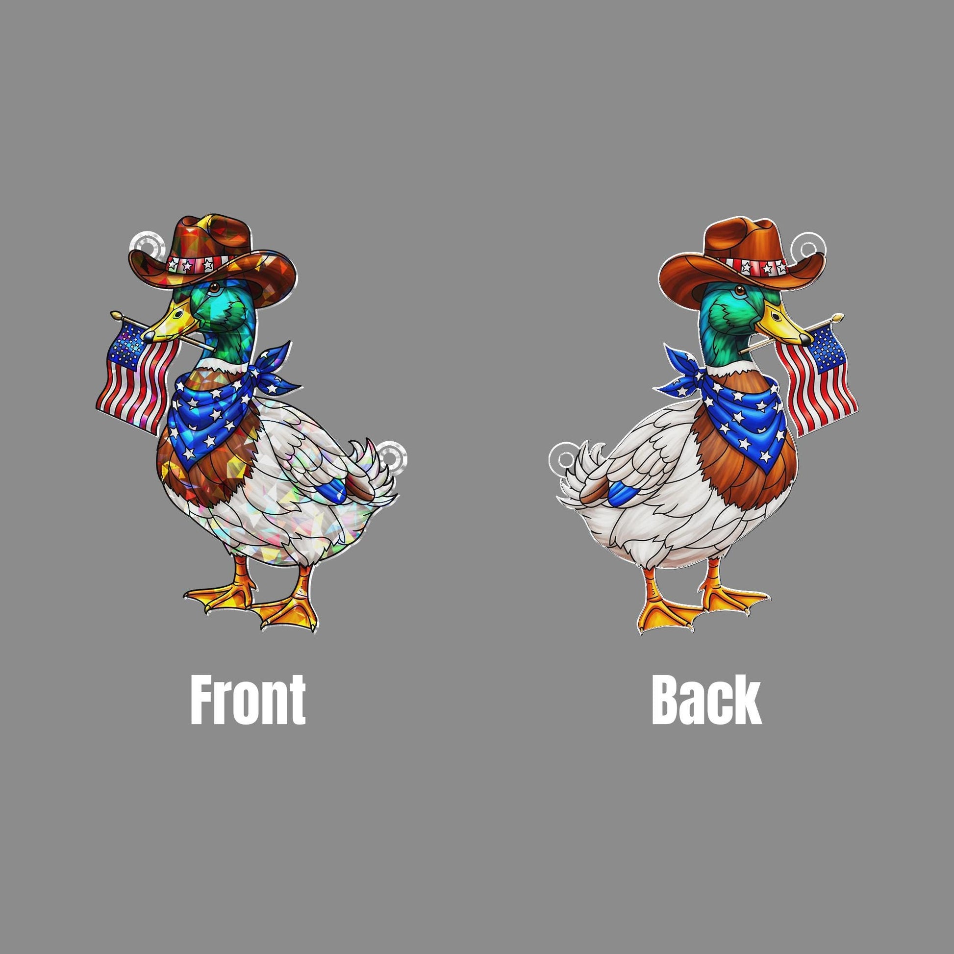 Patriotic Cowboy Duck Acrylic Window Hanging – Holographic 4th of July Suncatcher, Funny USA Decor, Country Farmhouse Gift