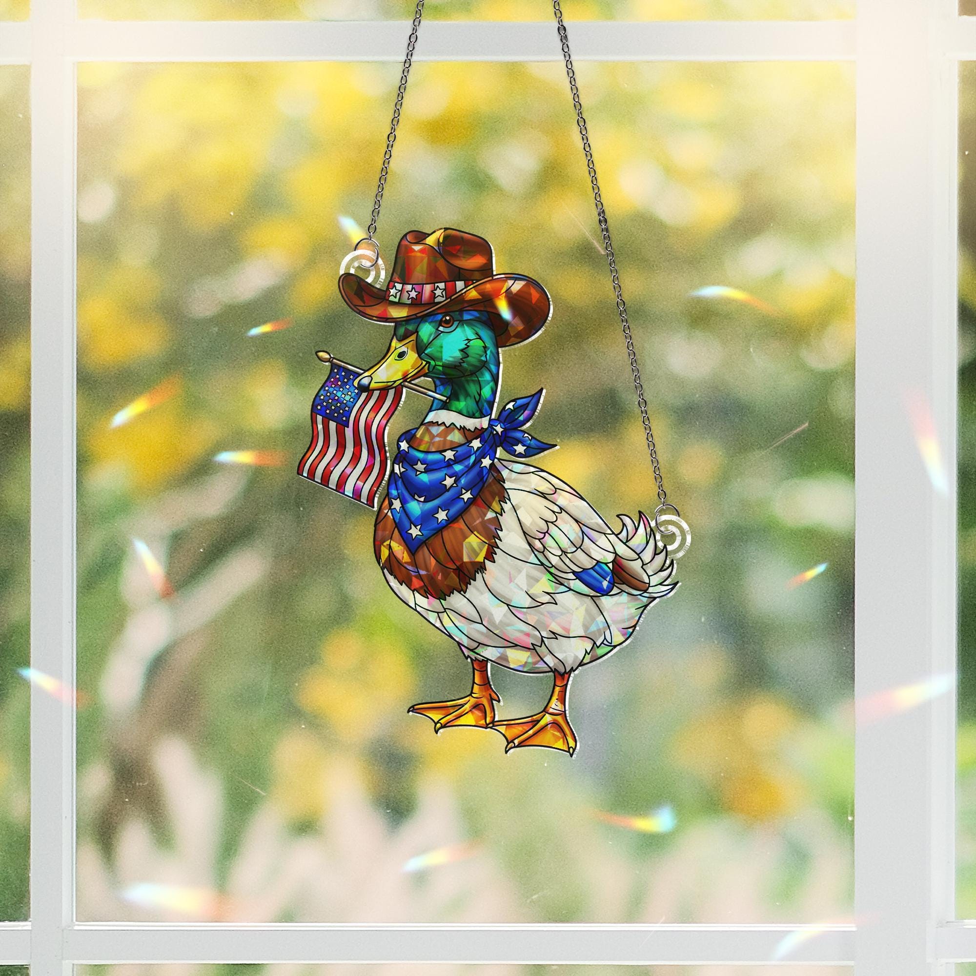 Patriotic Cowboy Duck Acrylic Window Hanging – Holographic 4th of July Suncatcher, Funny USA Decor, Country Farmhouse Gift