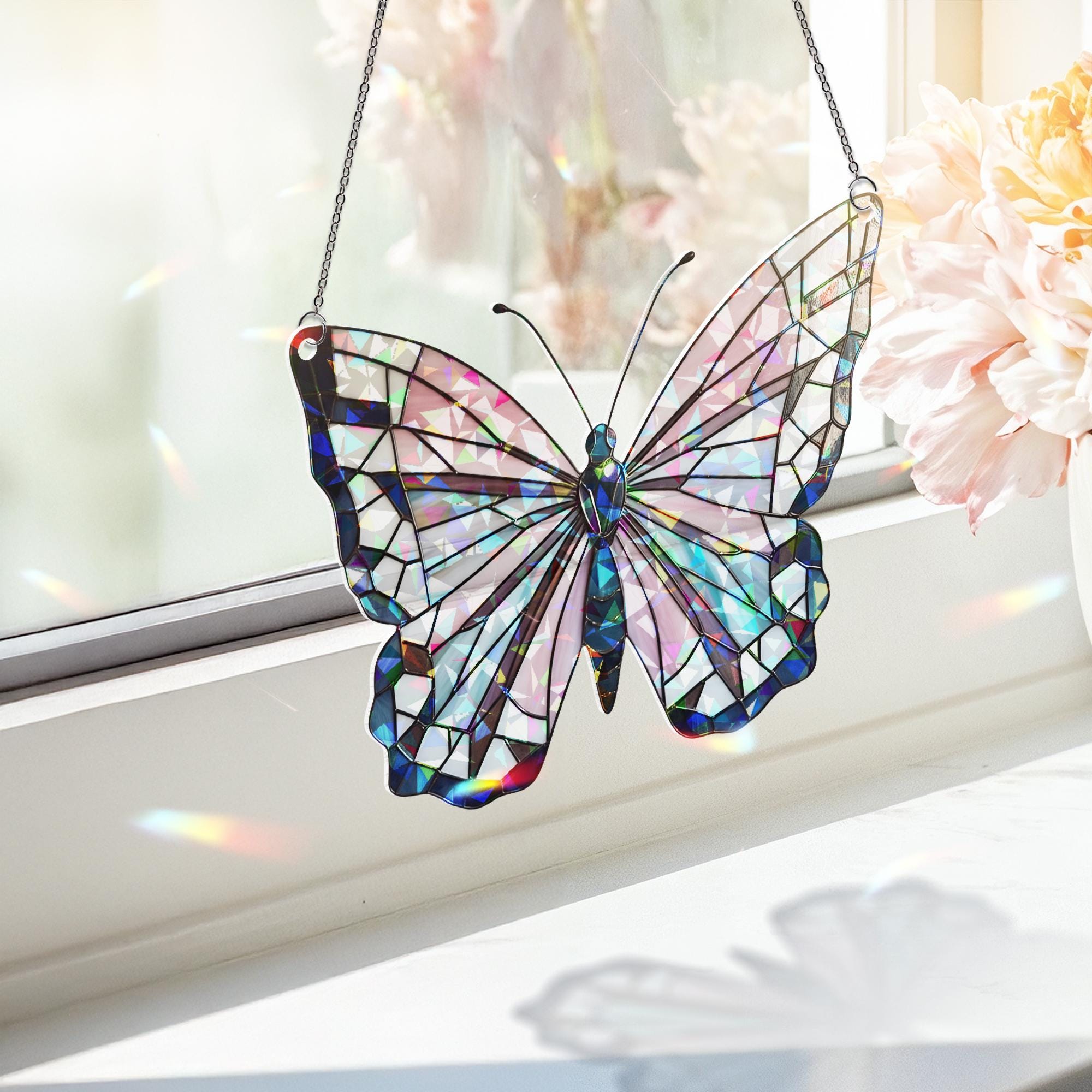 Transgender Pride Butterfly Window Hanging – Holographic Acrylic Suncatcher, LGBTQ+ Pastel Decor, Inclusive Affirmation Gift