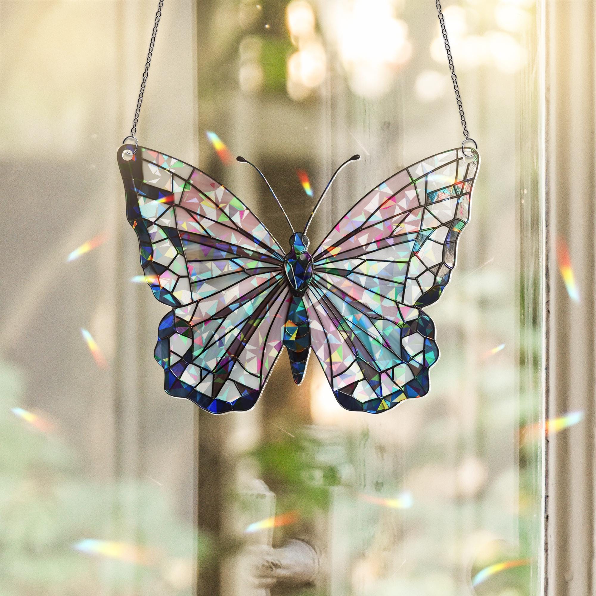 Transgender Pride Butterfly Window Hanging – Holographic Acrylic Suncatcher, LGBTQ+ Pastel Decor, Inclusive Affirmation Gift