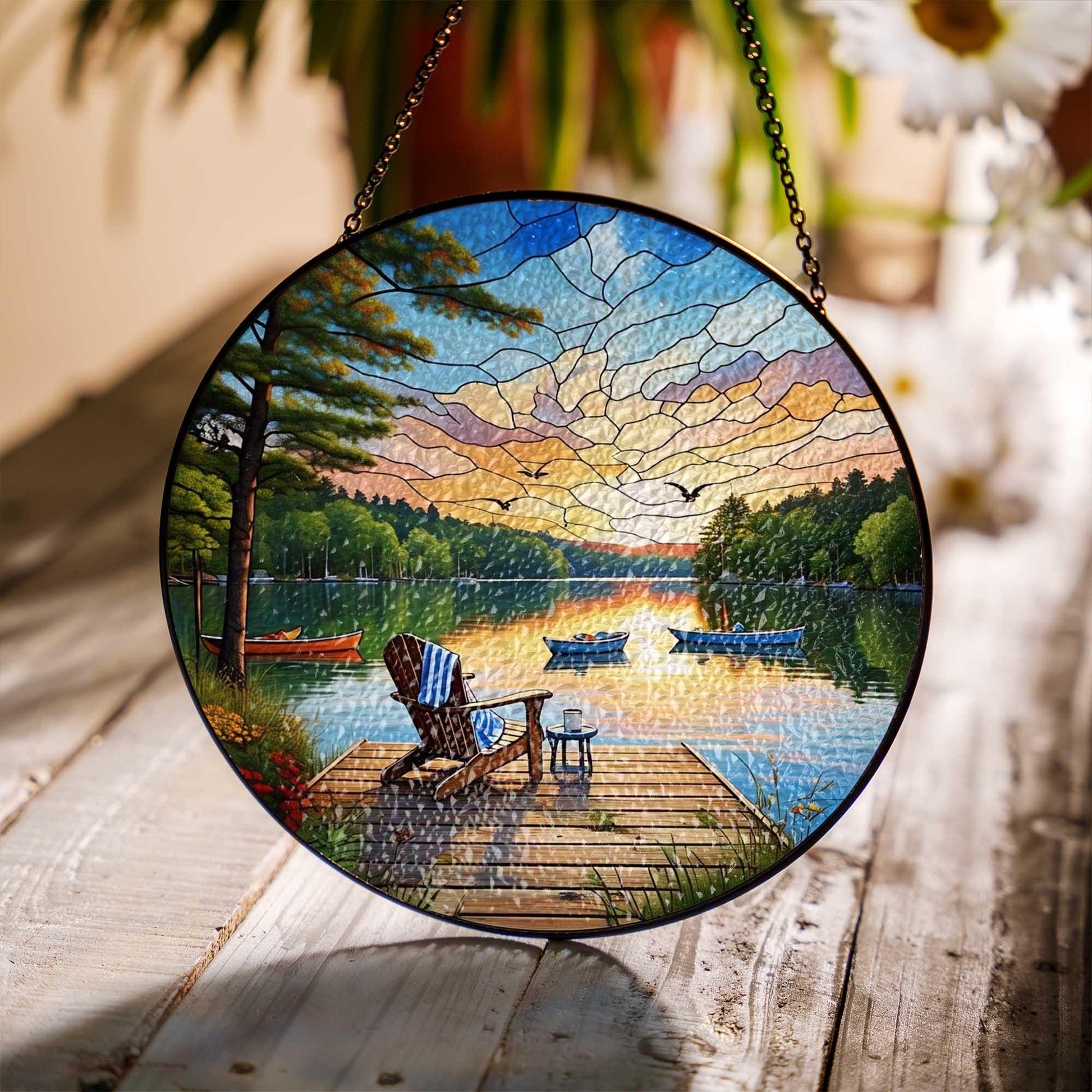 Lake Dock Sunset Glass Suncatcher – Peaceful Adirondack Chair & Canoe Scene, Cabin Window Hanging, Nature Lover’s Gift