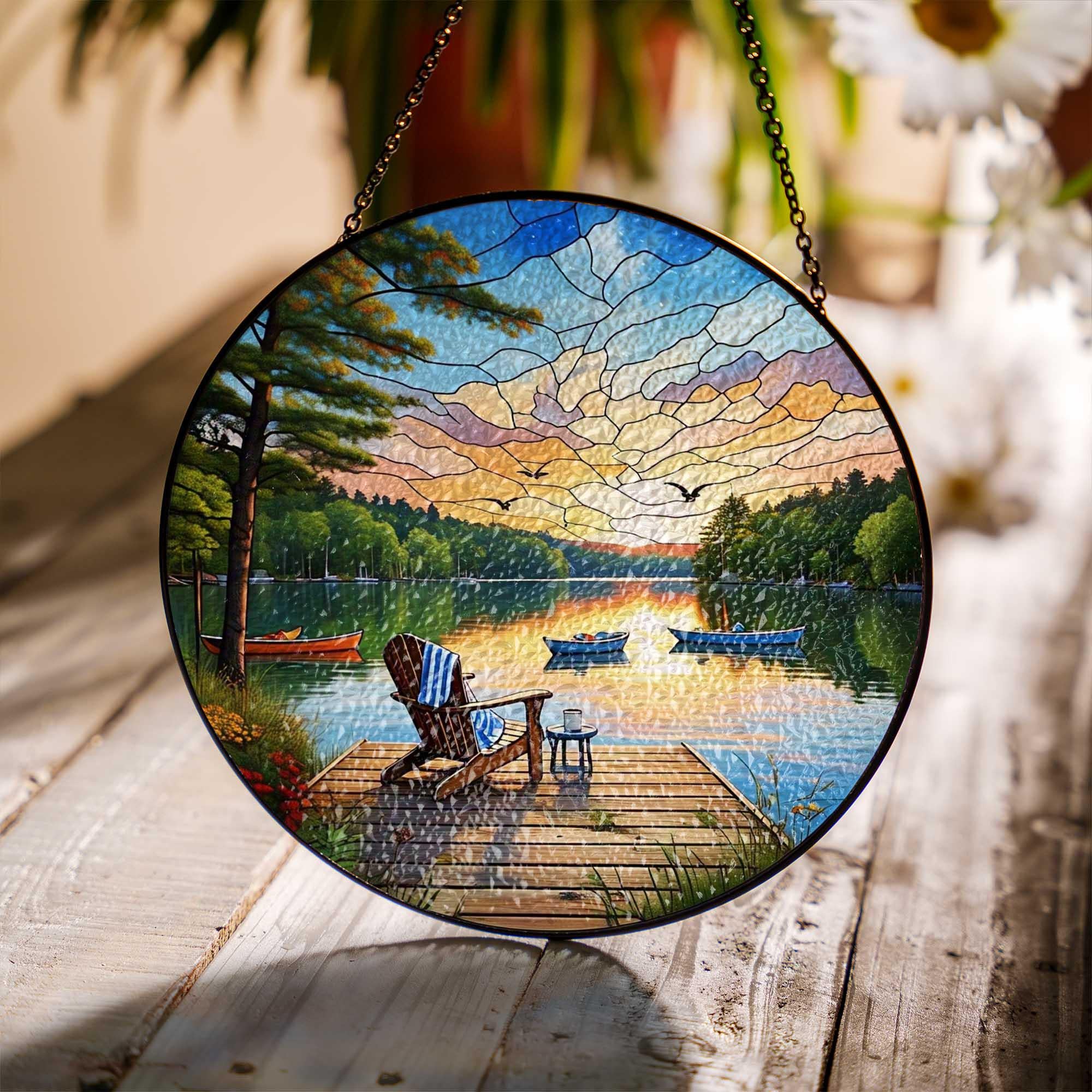 Lake Dock Sunset Glass Suncatcher – Peaceful Adirondack Chair & Canoe Scene, Cabin Window Hanging, Nature Lover’s Gift